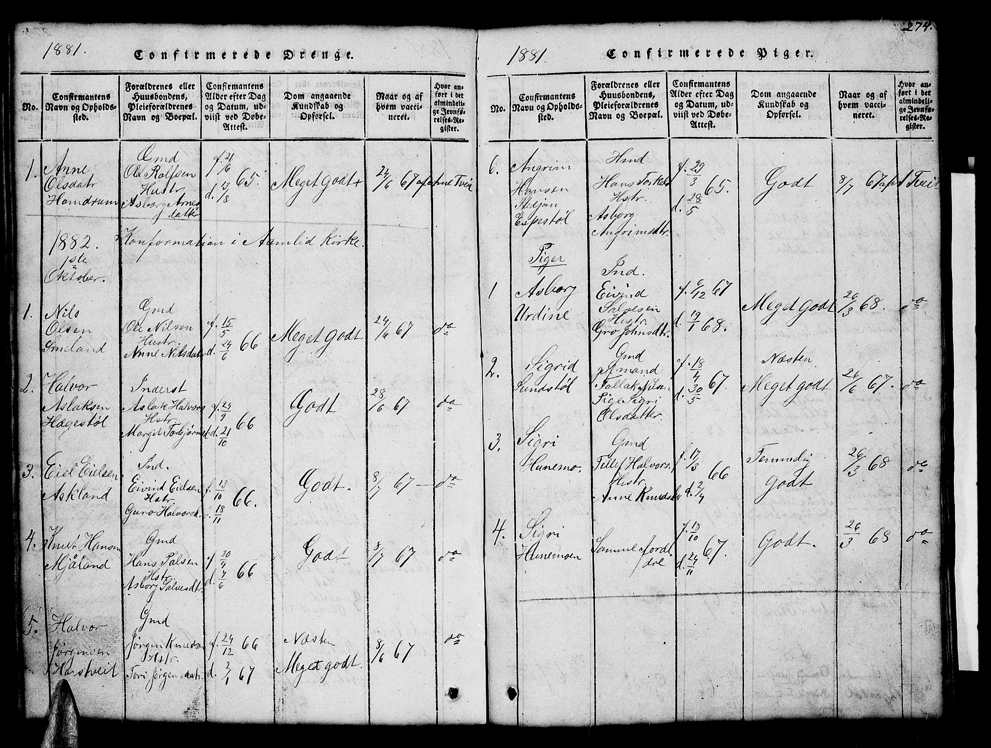 Åmli sokneprestkontor, SAK/1111-0050/F/Fb/Fba/L0001: Parish register (copy) no. B 1, 1816-1890, p. 274