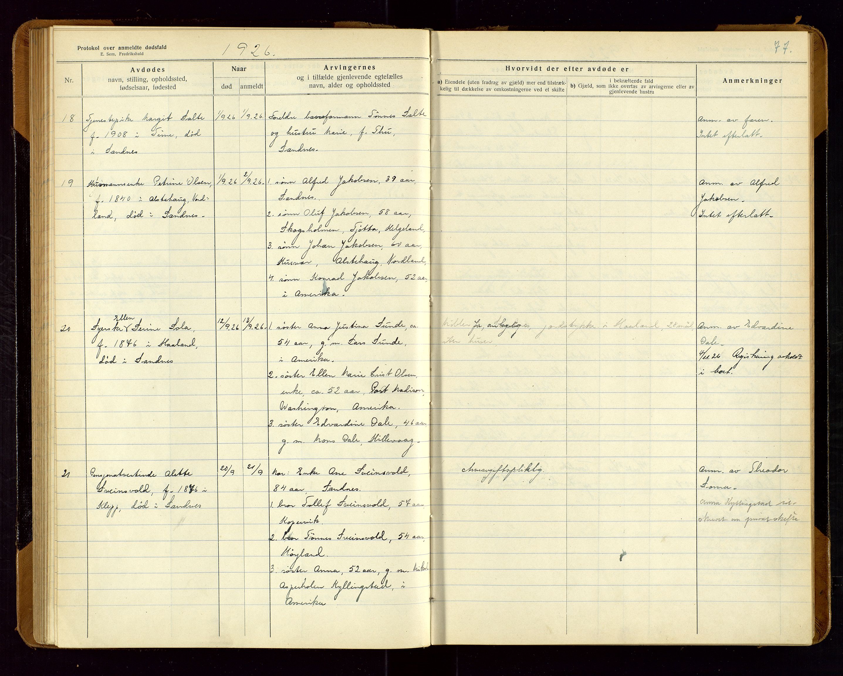 Sandnes lensmannskontor, SAST/A-100167/Gga/L0001: "Protokol over anmeldte dødsfald" m/register, 1918-1940, p. 77