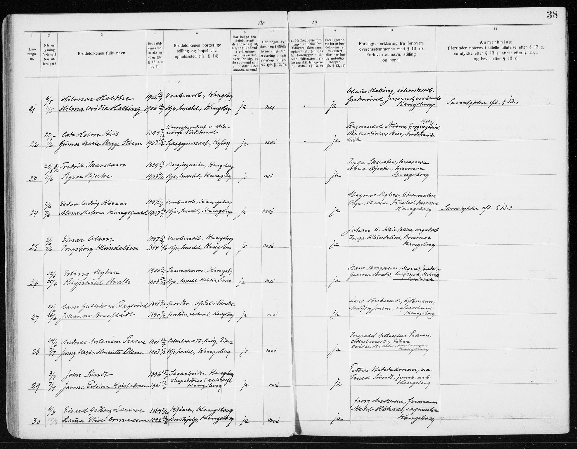 Kongsberg kirkebøker, SAKO/A-22/H/Ha/L0001: Banns register no. 1, 1919-1939, p. 38