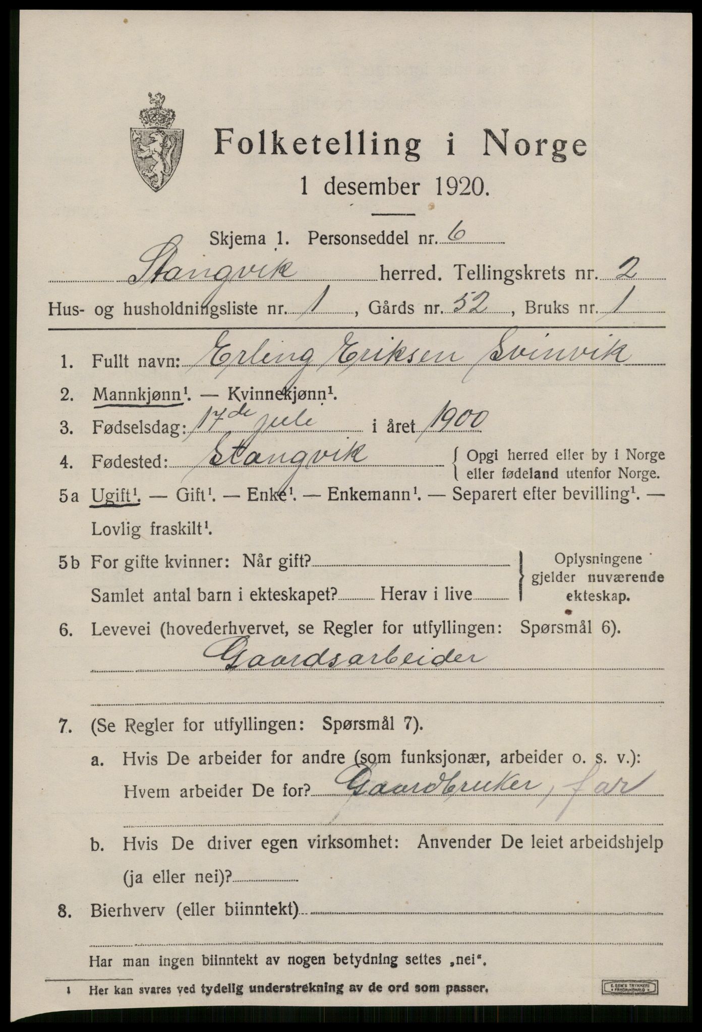 SAT, 1920 census for Stangvik, 1920, p. 1430