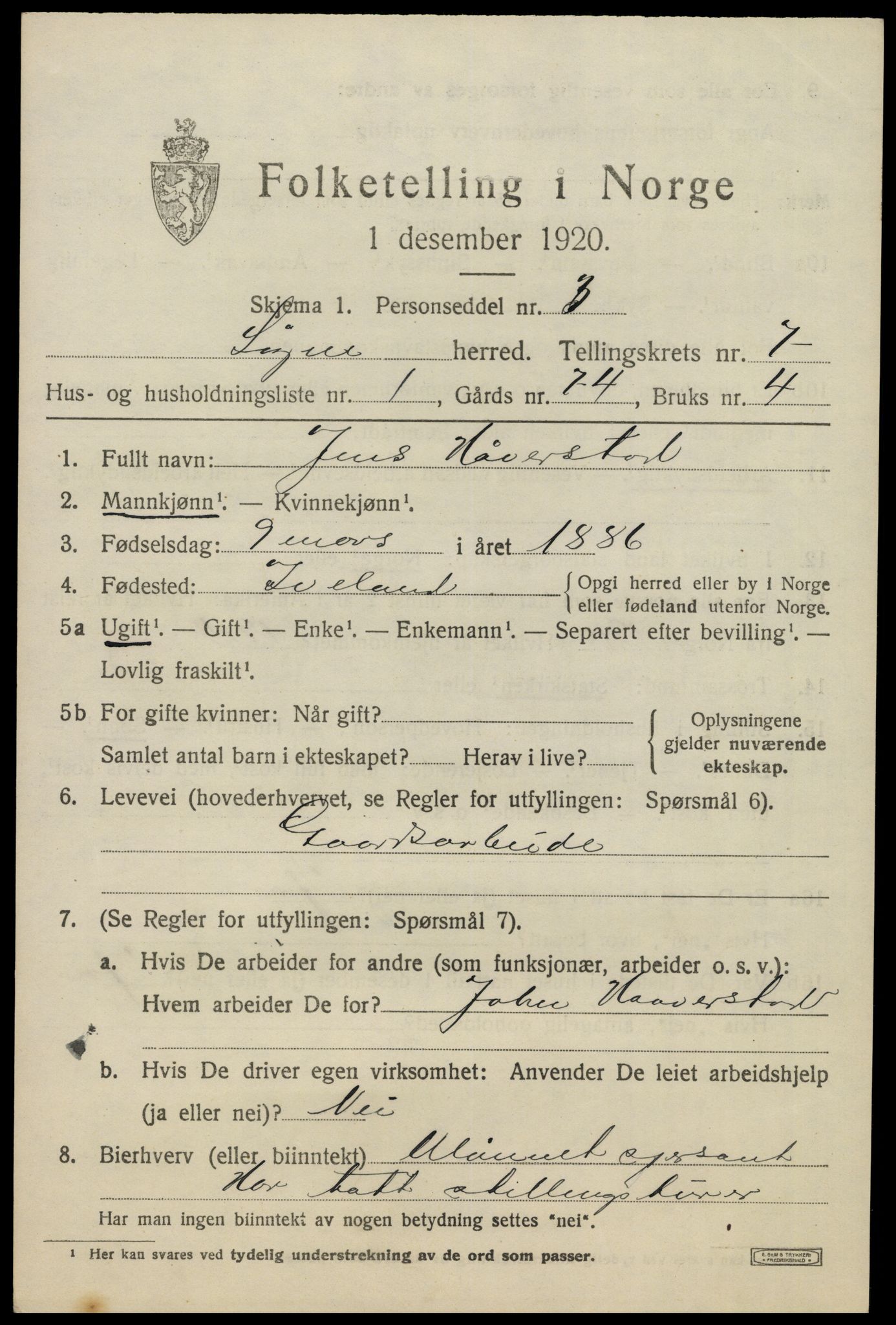 SAK, 1920 census for Søgne, 1920, p. 3505