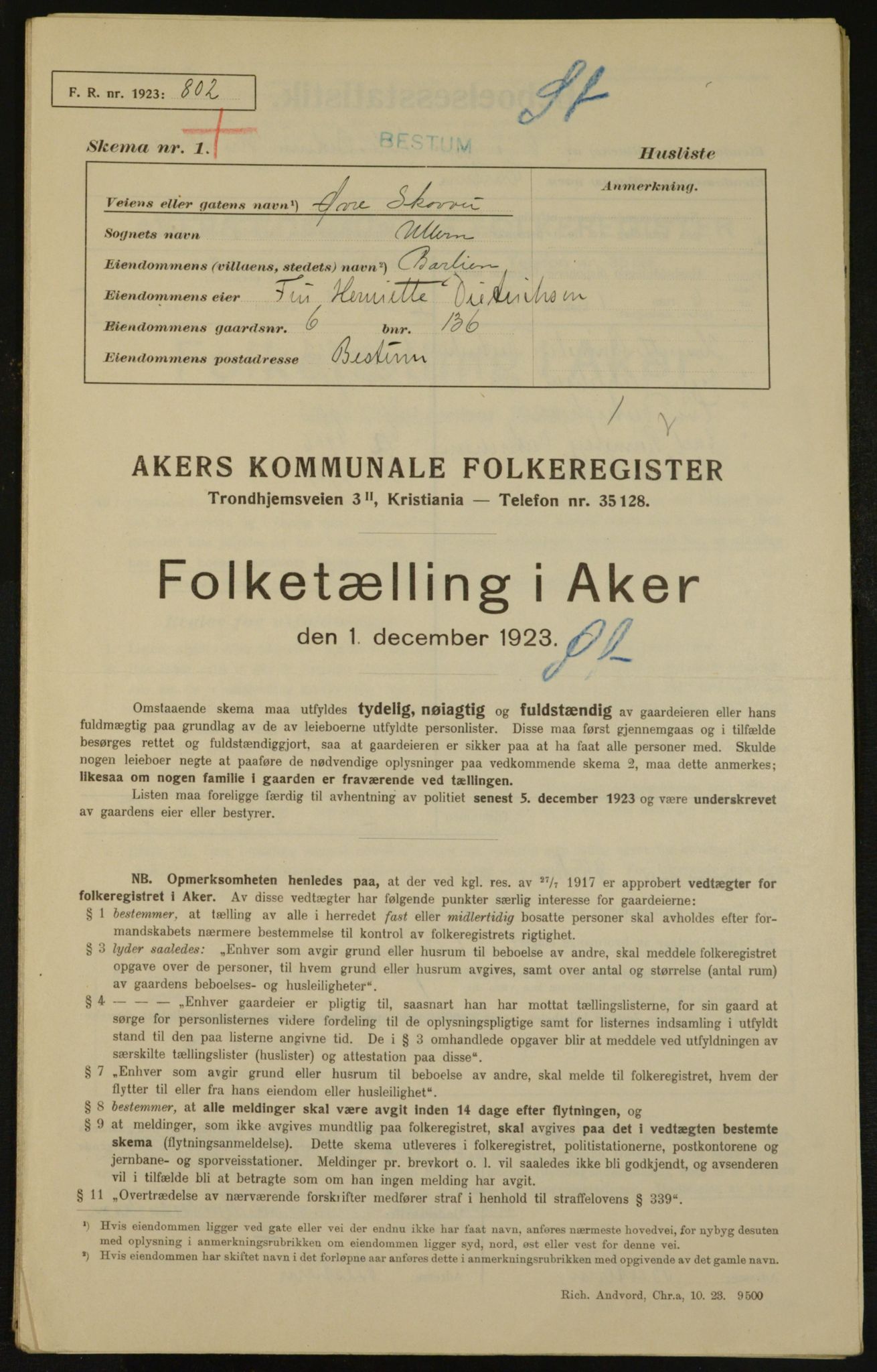 , Municipal Census 1923 for Aker, 1923, p. 4888