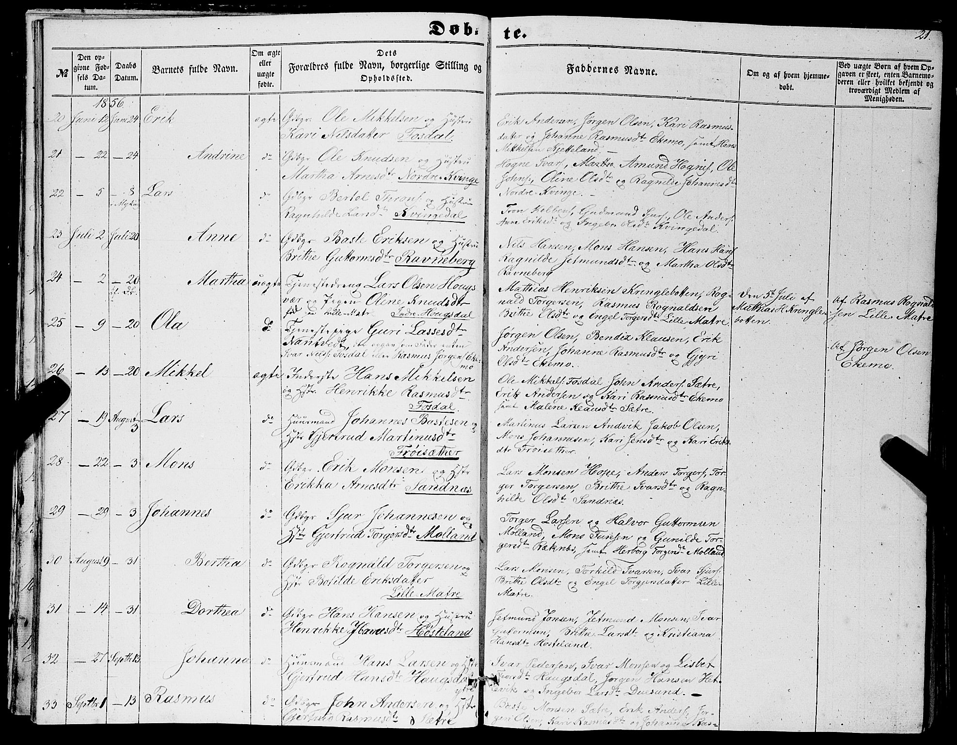 Masfjorden sokneprestembete, AV/SAB-A-77001: Parish register (copy) no. A 1, 1851-1875, p. 21