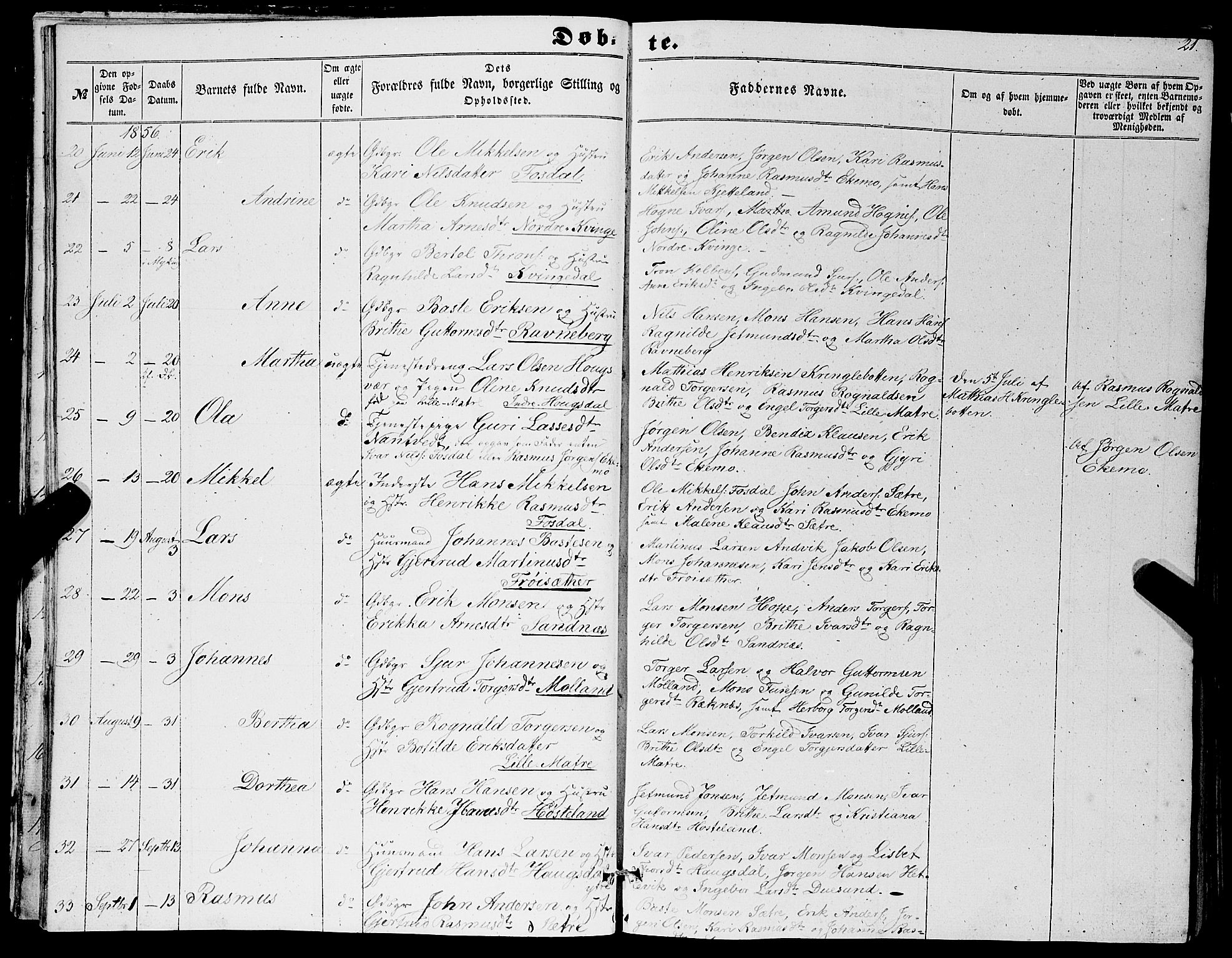 Masfjorden Sokneprestembete, SAB/A-77001: Parish register (copy) no. A 1, 1851-1875, p. 21