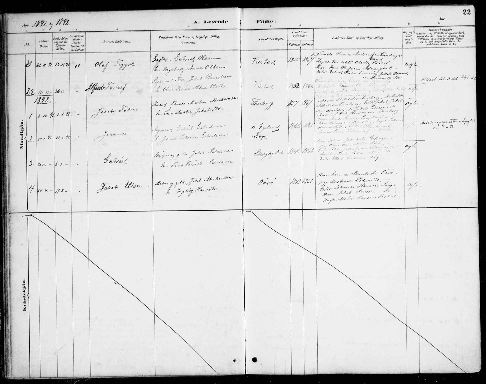 Herad sokneprestkontor, AV/SAK-1111-0018/F/Fa/Fab/L0005: Parish register (official) no. A 5, 1886-1913, p. 22