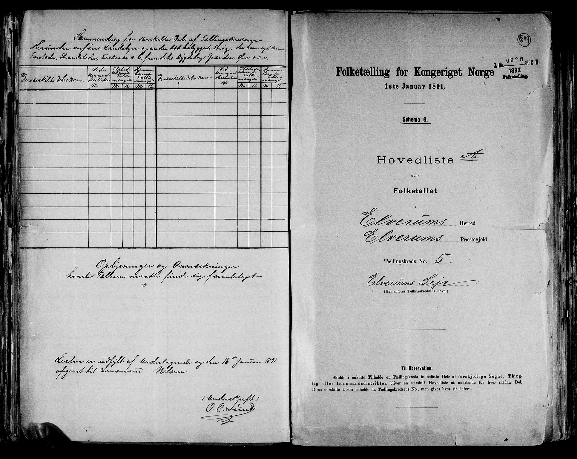 RA, 1891 census for 0427 Elverum, 1891, p. 16