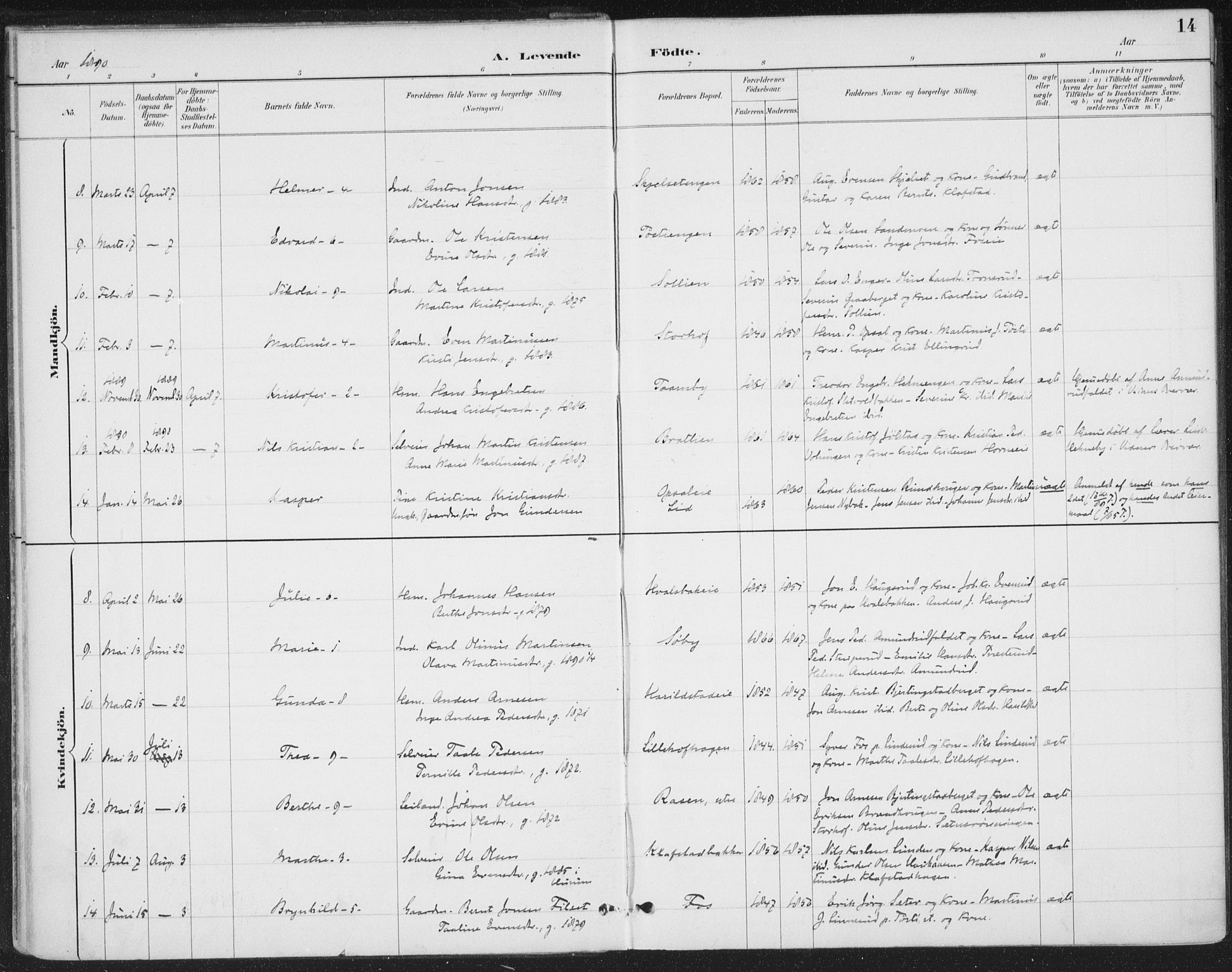 Romedal prestekontor, SAH/PREST-004/K/L0008: Parish register (official) no. 8, 1887-1905, p. 14
