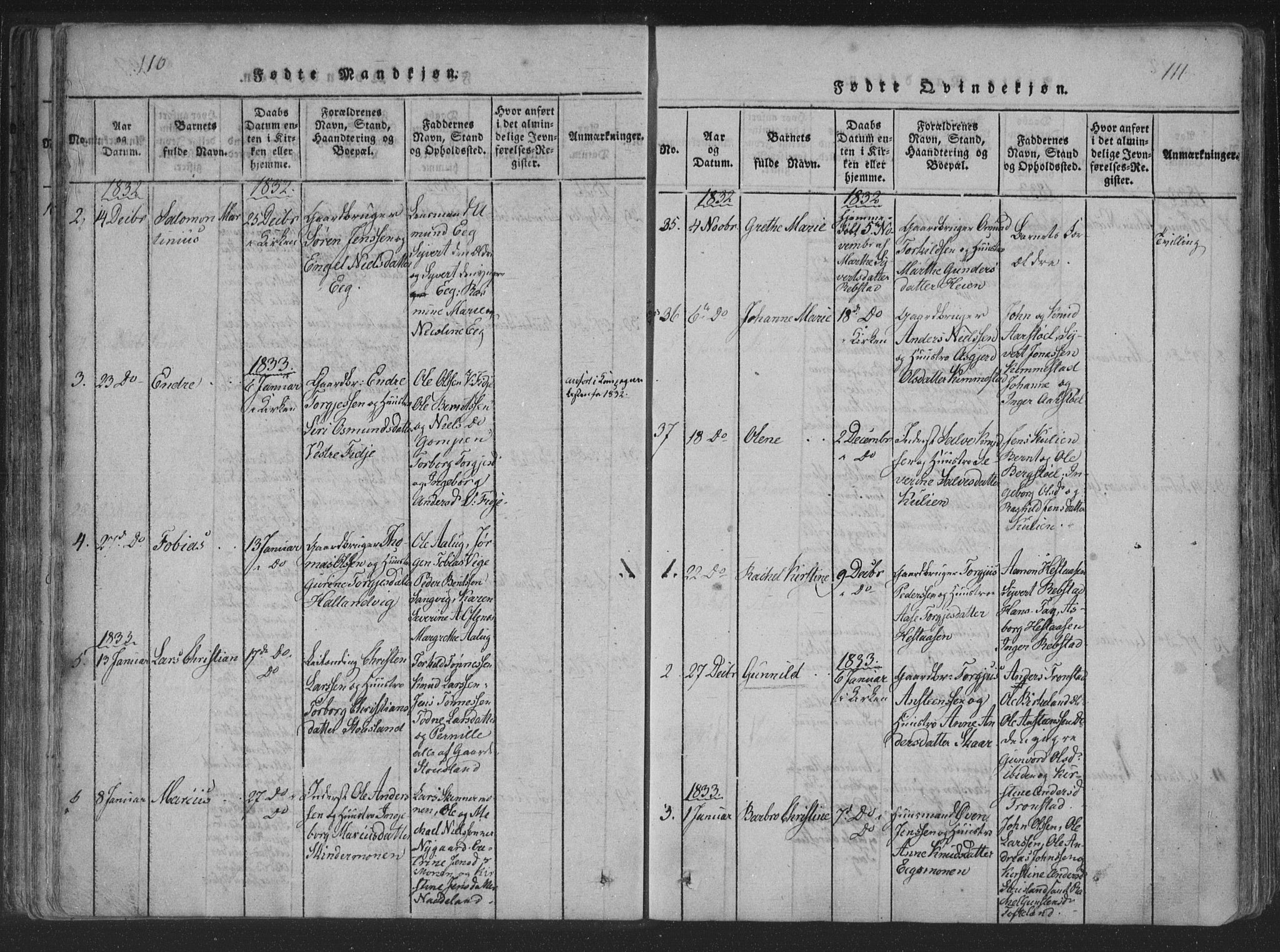 Søgne sokneprestkontor, SAK/1111-0037/F/Fa/Fab/L0008: Parish register (official) no. A 8, 1821-1838, p. 110-111