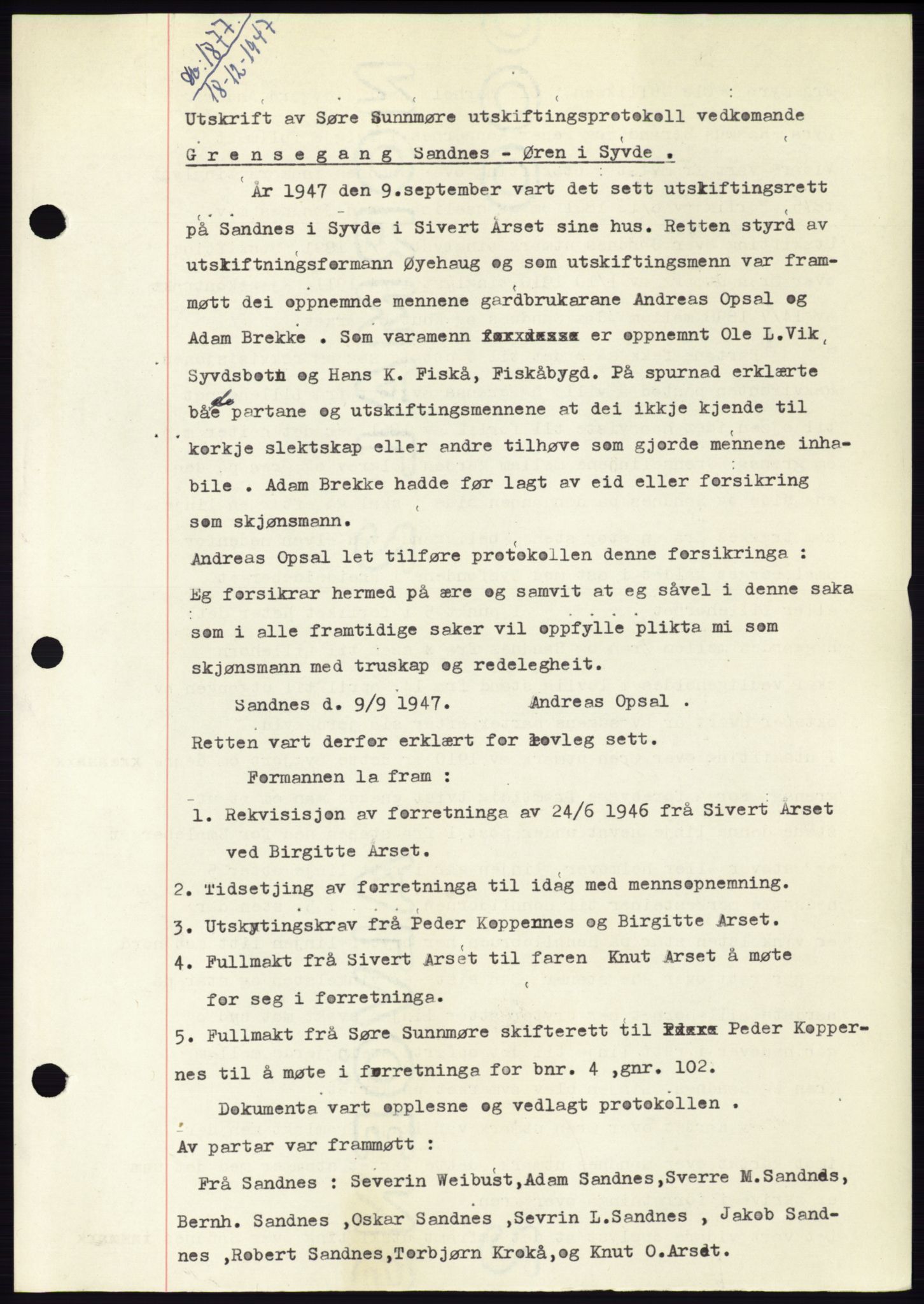 Søre Sunnmøre sorenskriveri, AV/SAT-A-4122/1/2/2C/L0081: Mortgage book no. 7A, 1947-1948, Diary no: : 1877/1947