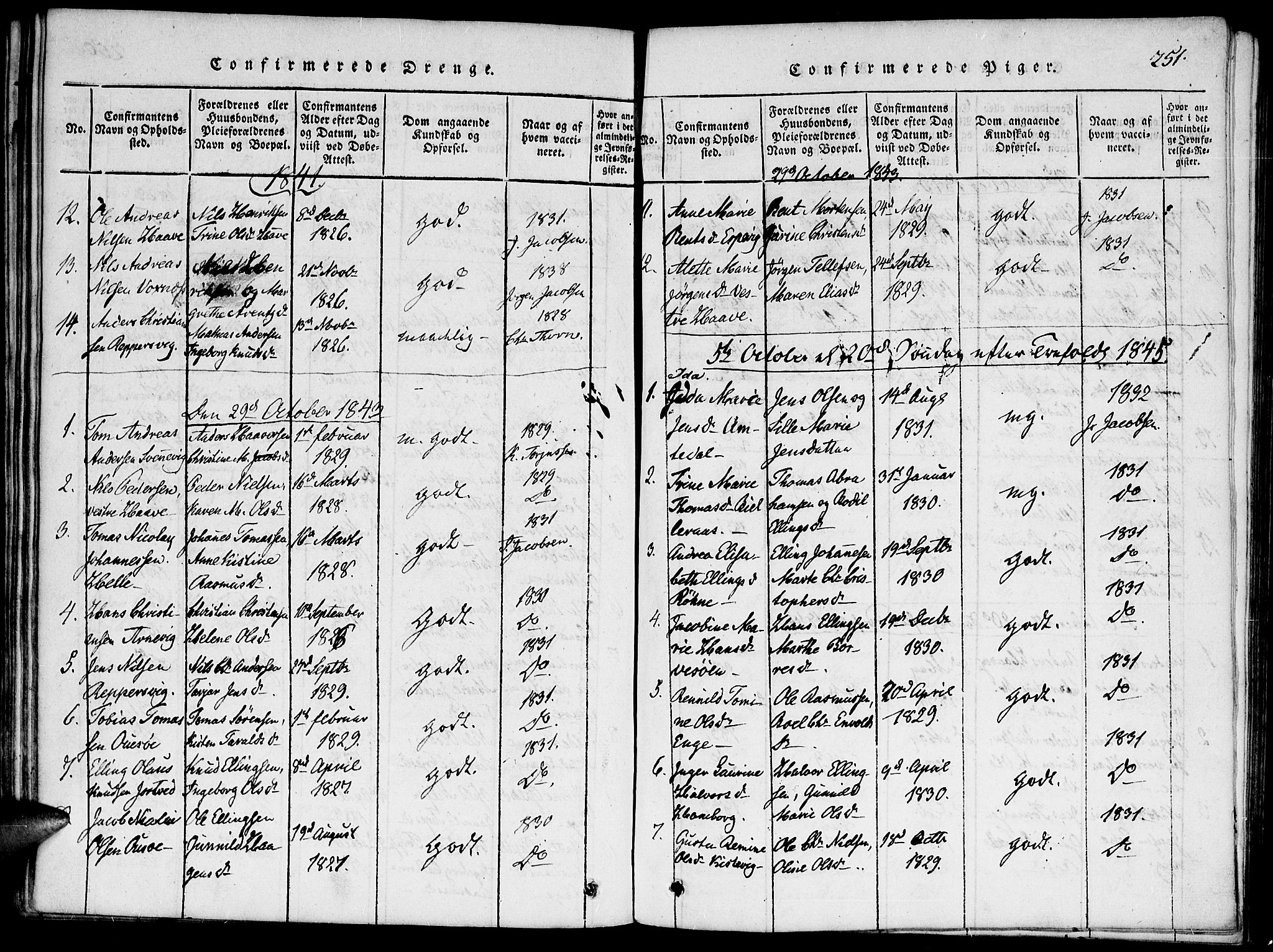 Hommedal sokneprestkontor, SAK/1111-0023/F/Fa/Faa/L0001: Parish register (official) no. A 1, 1816-1860, p. 251