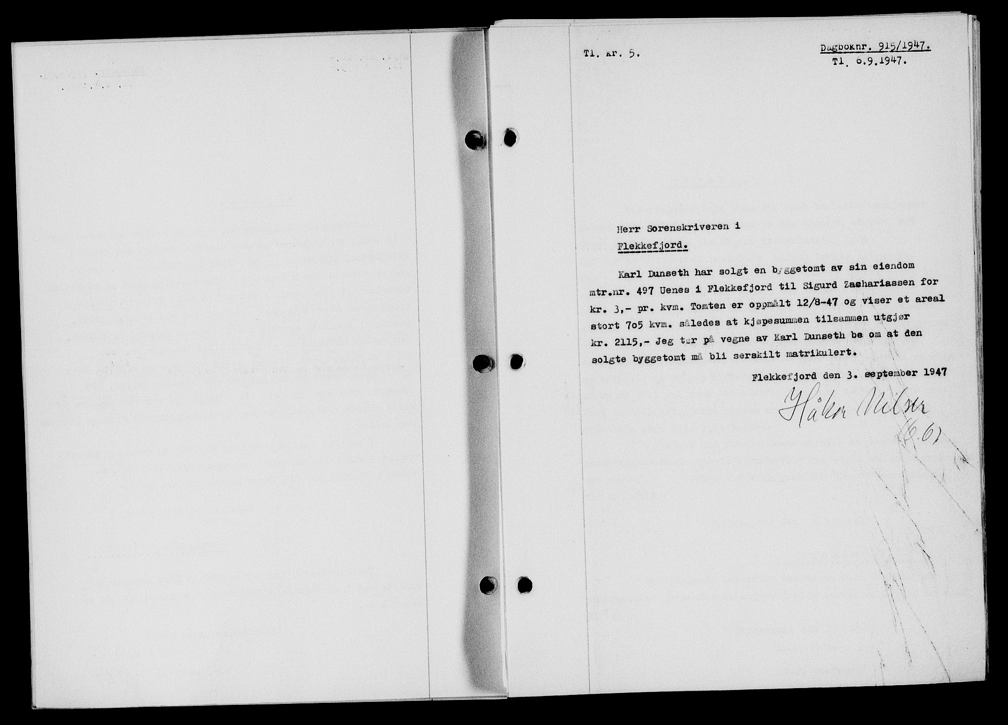 Flekkefjord sorenskriveri, SAK/1221-0001/G/Gb/Gba/L0062: Mortgage book no. A-10, 1947-1947, Diary no: : 915/1947