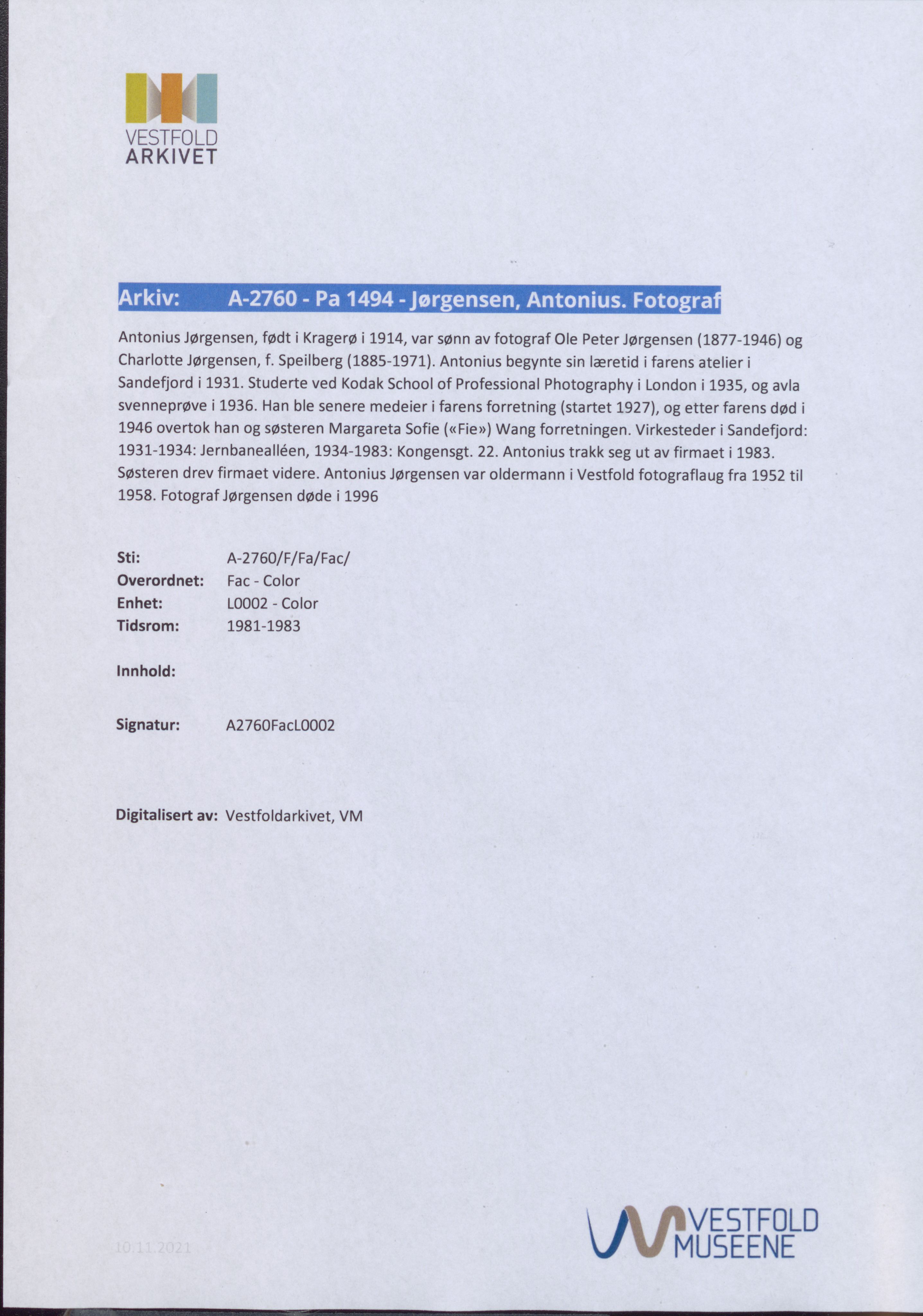 Pa 1494 - Jørgensen, Antonius. Fotograf, VEMU/A-2760/F/Fa, 1927-2004, p. 3184