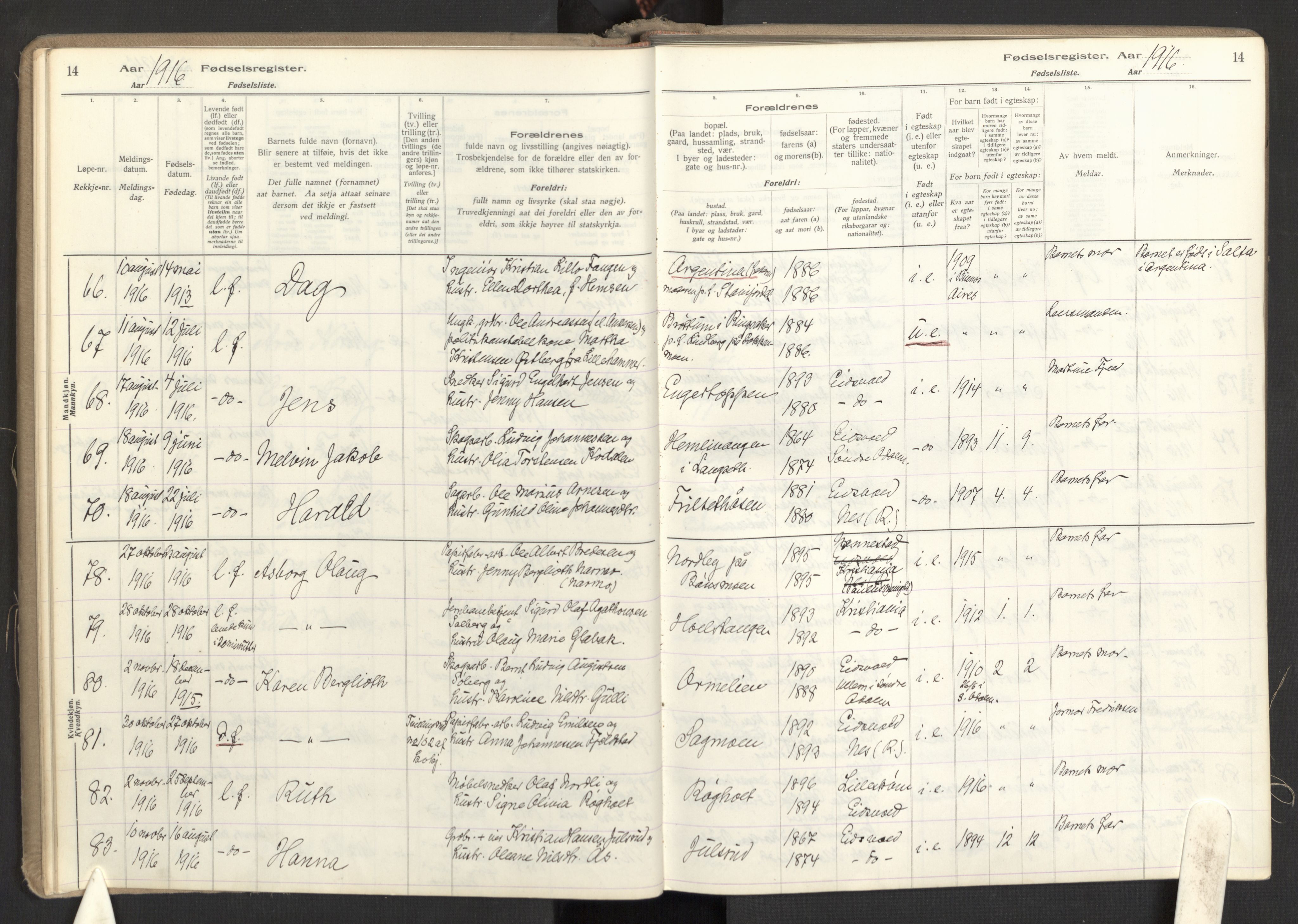 Eidsvoll prestekontor Kirkebøker, SAO/A-10888: Birth register no. I 1, 1916-1924, p. 14