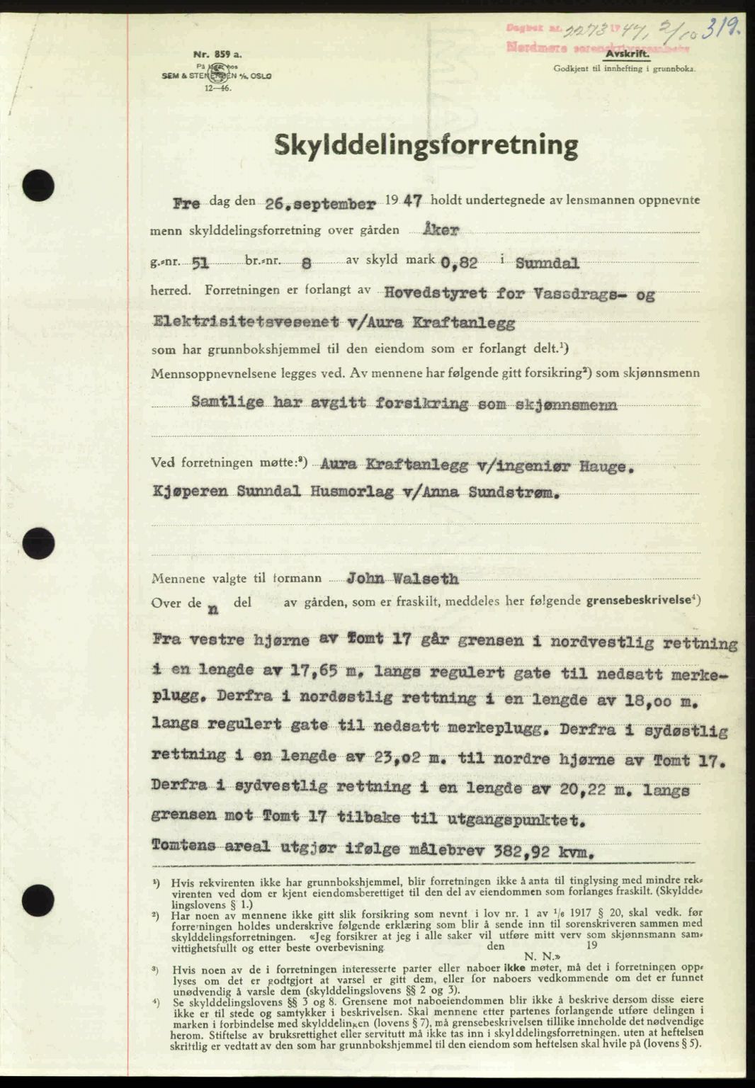 Nordmøre sorenskriveri, AV/SAT-A-4132/1/2/2Ca: Mortgage book no. A106, 1947-1947, Diary no: : 2273/1947