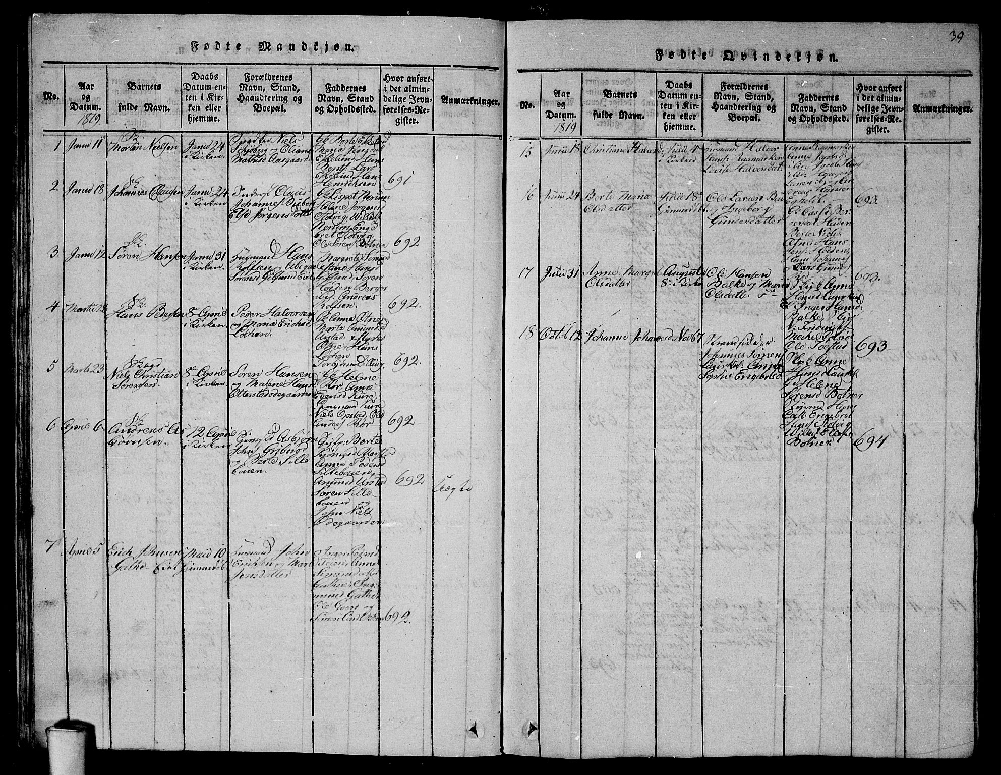 Rygge prestekontor Kirkebøker, SAO/A-10084b/G/Ga/L0001: Parish register (copy) no. 1, 1814-1871, p. 38-39