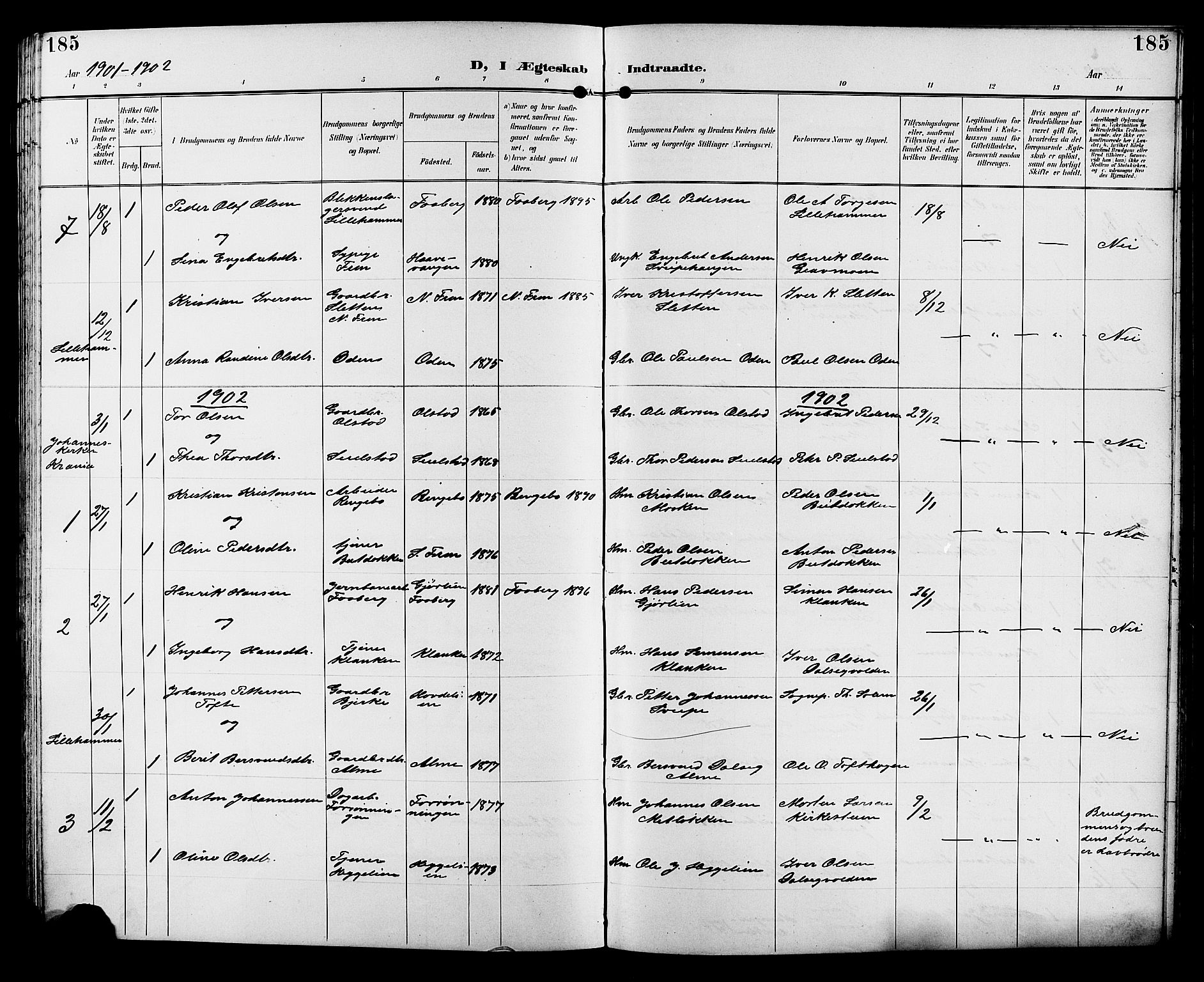 Sør-Fron prestekontor, SAH/PREST-010/H/Ha/Hab/L0004: Parish register (copy) no. 4, 1896-1911, p. 185
