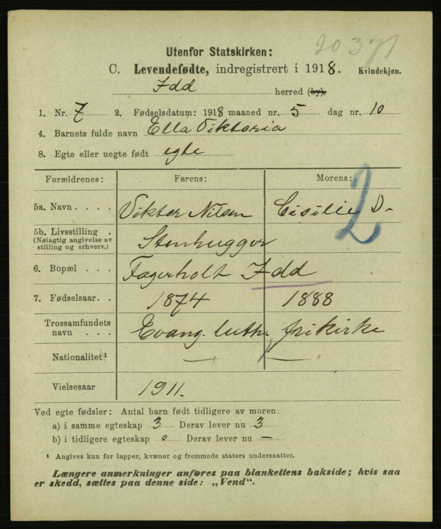 Statistisk sentralbyrå, Sosiodemografiske emner, Befolkning, AV/RA-S-2228/E/L0016: Fødte, gifte, døde dissentere., 1918, p. 5