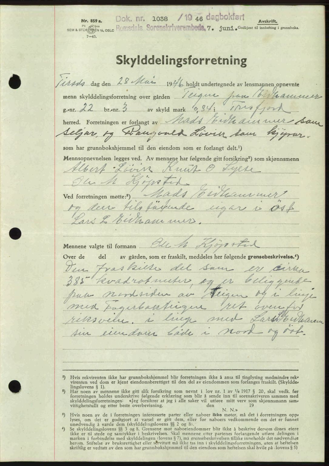 Romsdal sorenskriveri, AV/SAT-A-4149/1/2/2C: Mortgage book no. A20, 1946-1946, Diary no: : 1038/1946