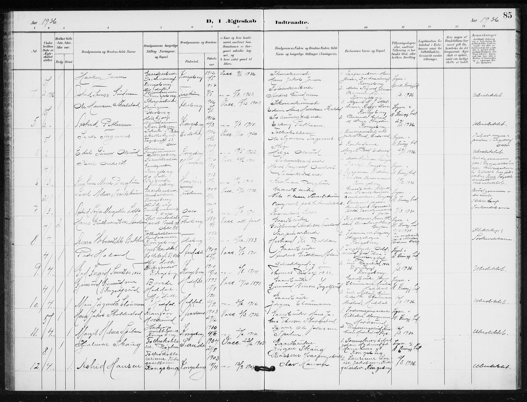 Kongsberg kirkebøker, AV/SAKO-A-22/G/Ga/L0009: Parish register (copy) no. 9, 1932-1938, p. 85