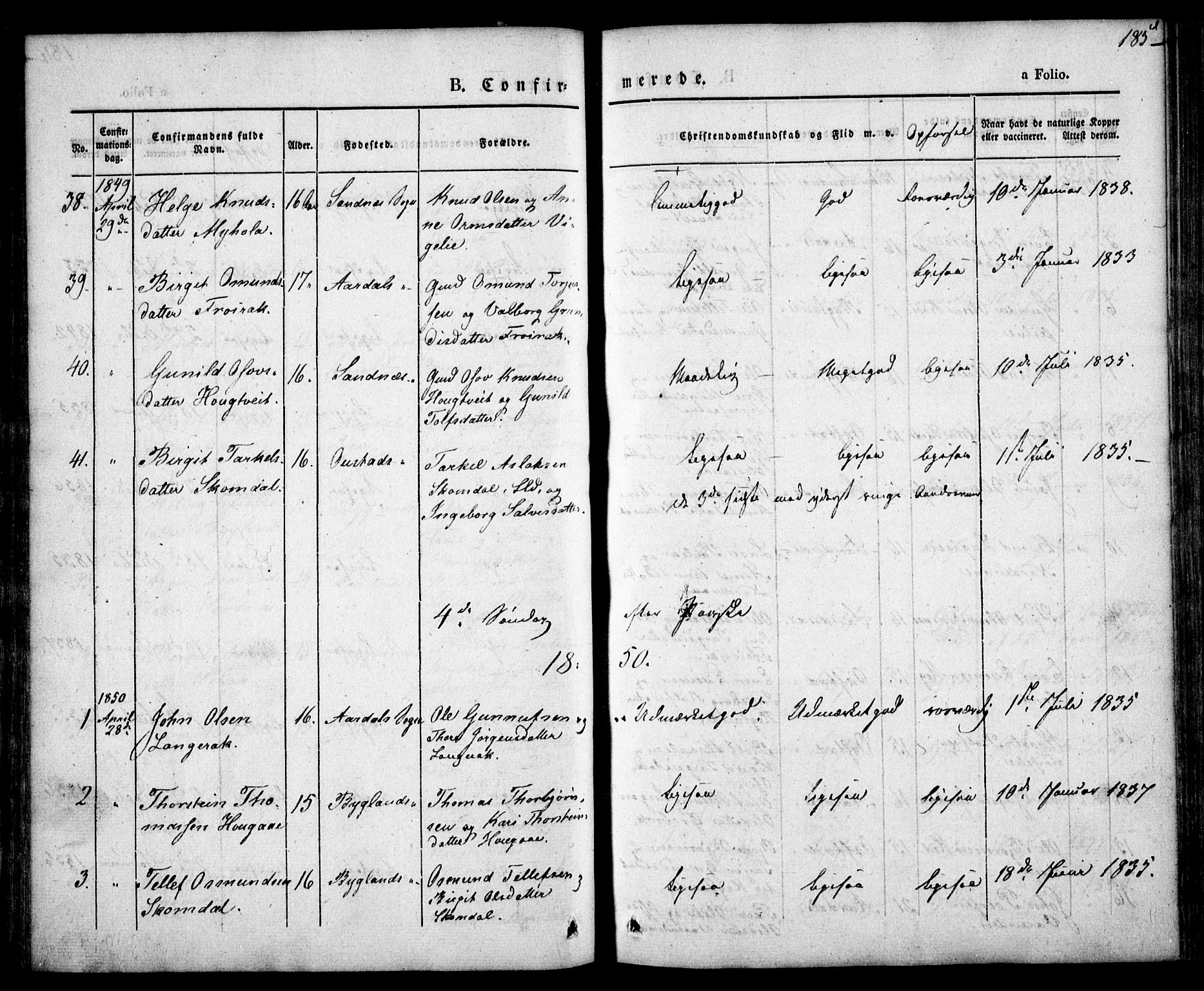 Bygland sokneprestkontor, SAK/1111-0006/F/Fa/Fab/L0004: Parish register (official) no. A 4, 1842-1858, p. 185