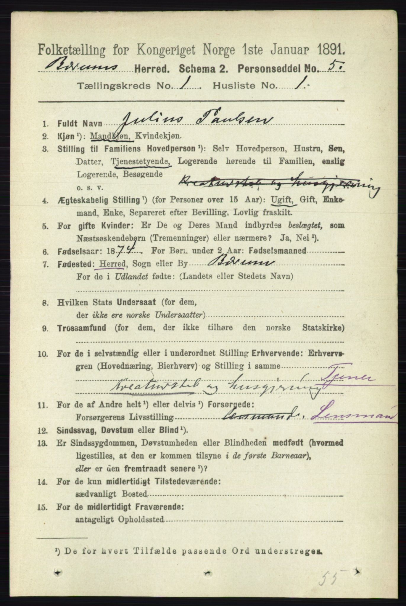 RA, 1891 census for 0219 Bærum, 1891, p. 152