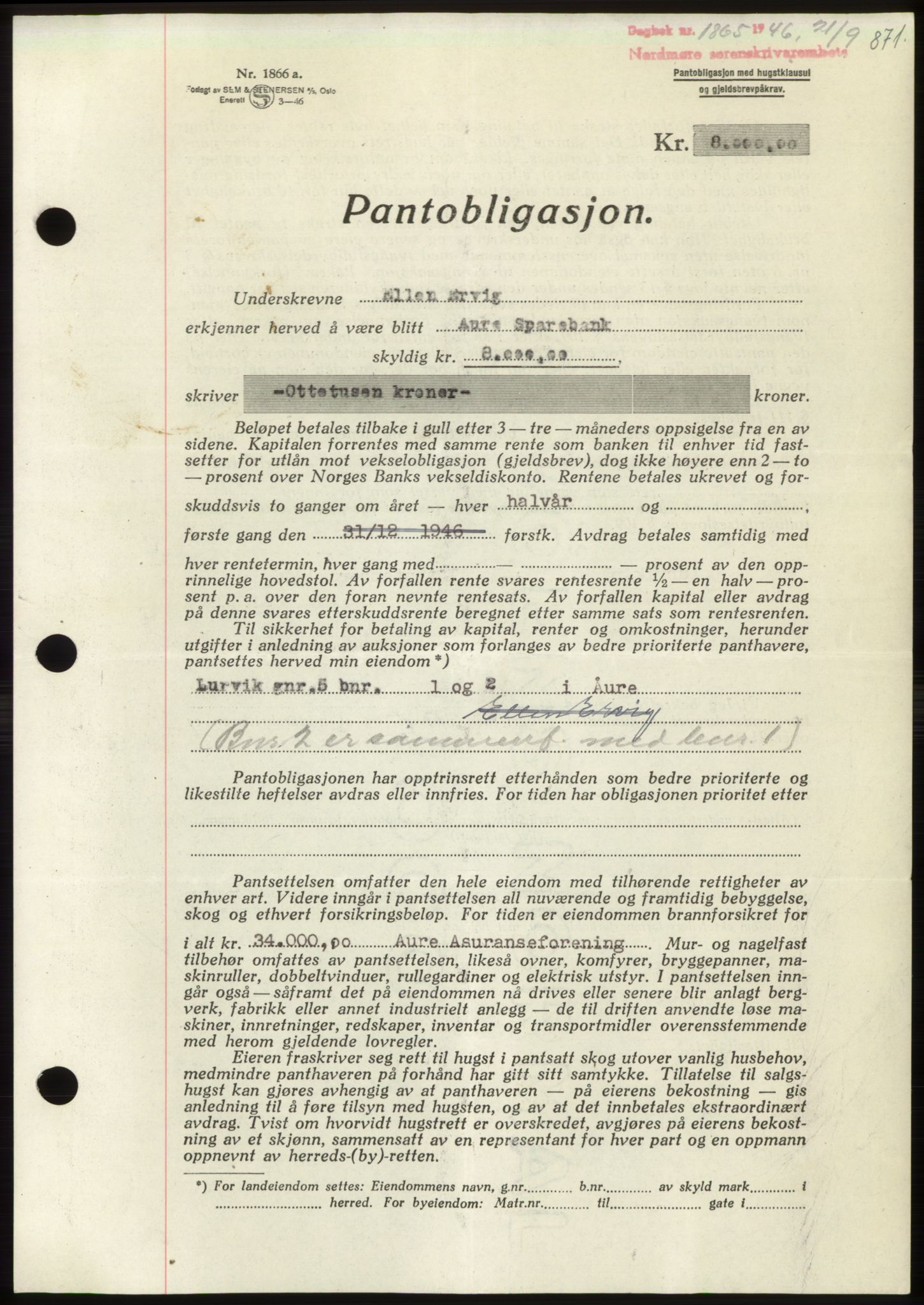 Nordmøre sorenskriveri, AV/SAT-A-4132/1/2/2Ca: Mortgage book no. B94, 1946-1946, Diary no: : 1865/1946