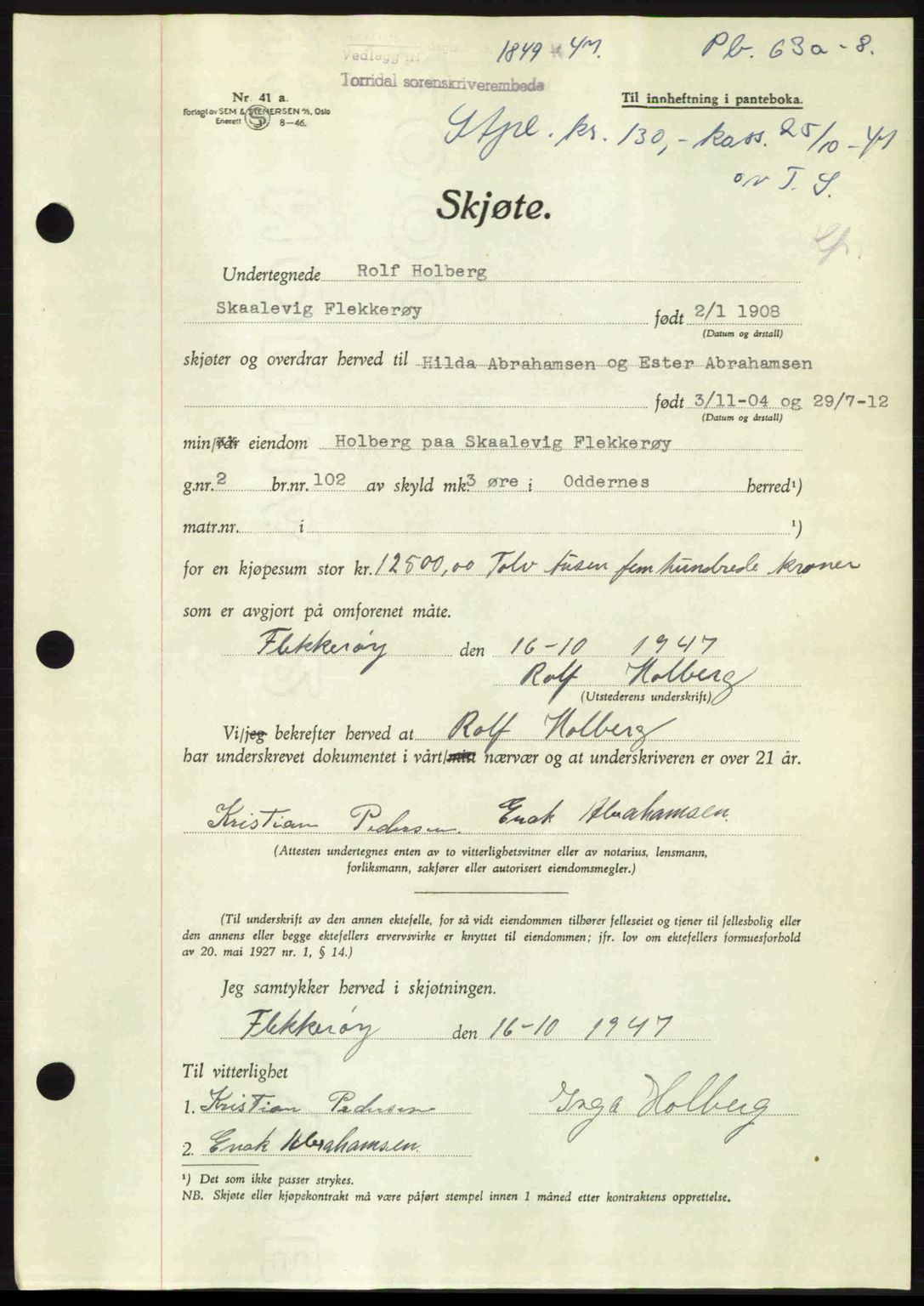 Torridal sorenskriveri, AV/SAK-1221-0012/G/Gb/Gba/L0073: Mortgage book no. 63A, 1947-1948, Diary no: : 1849/1947