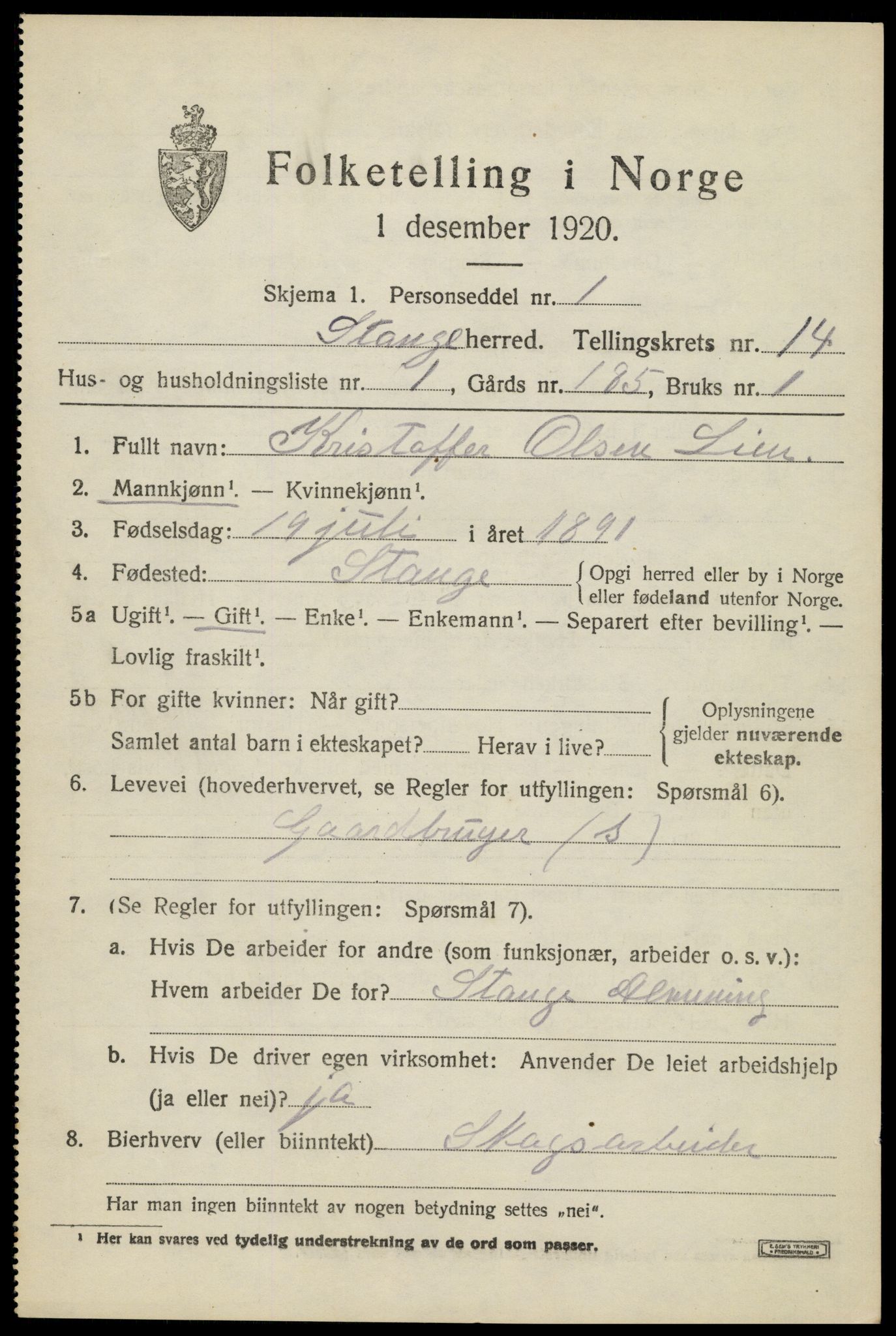 SAH, 1920 census for Stange, 1920, p. 19743