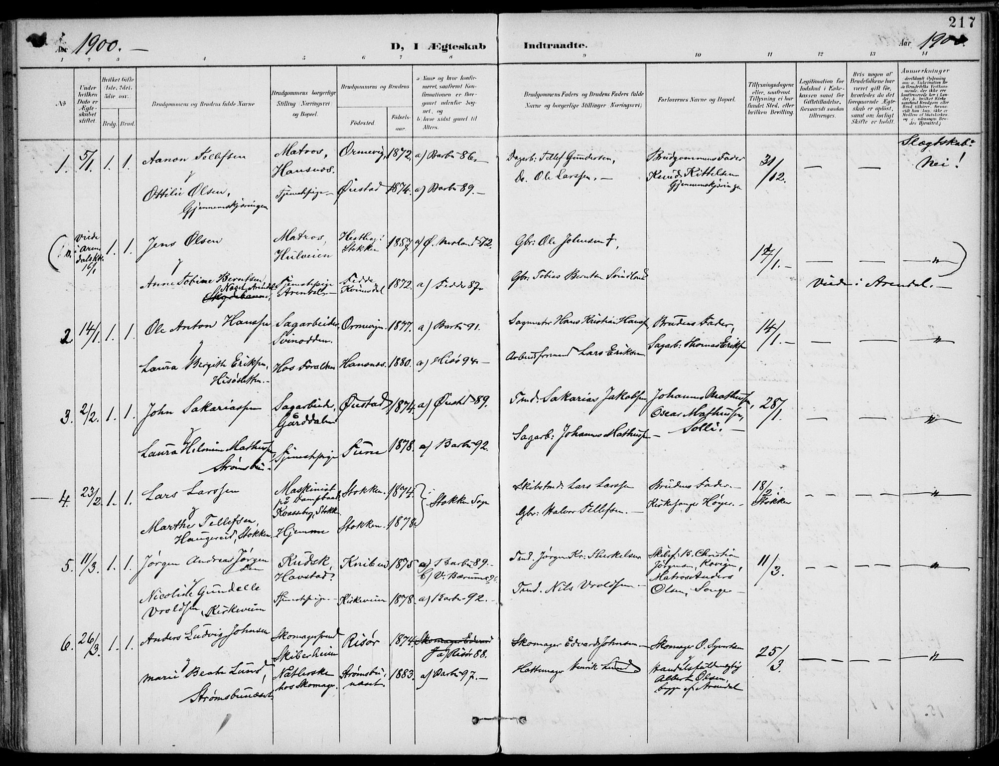 Barbu sokneprestkontor, AV/SAK-1111-0003/F/Fa/L0005: Parish register (official) no. A 5, 1899-1909, p. 217