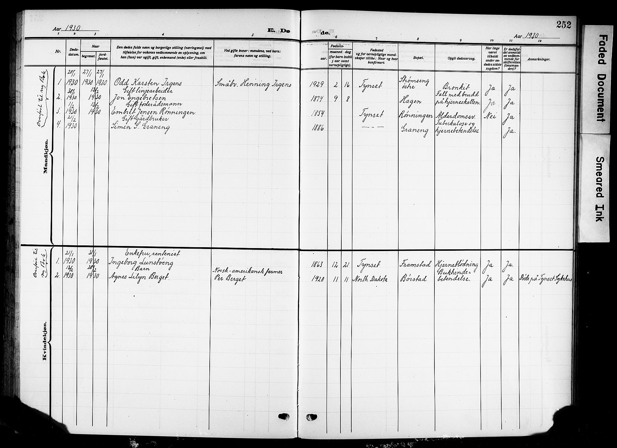 Tynset prestekontor, AV/SAH-PREST-058/H/Ha/Hab/L0011: Parish register (copy) no. 11, 1915-1930, p. 252