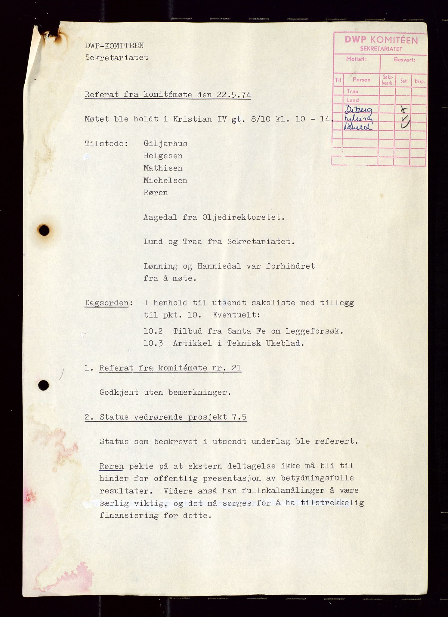 Industridepartementet, Oljekontoret, AV/SAST-A-101348/Di/L0001: DWP, møter juni - november, komiteemøter nr. 19 - 26, 1973-1974, p. 586