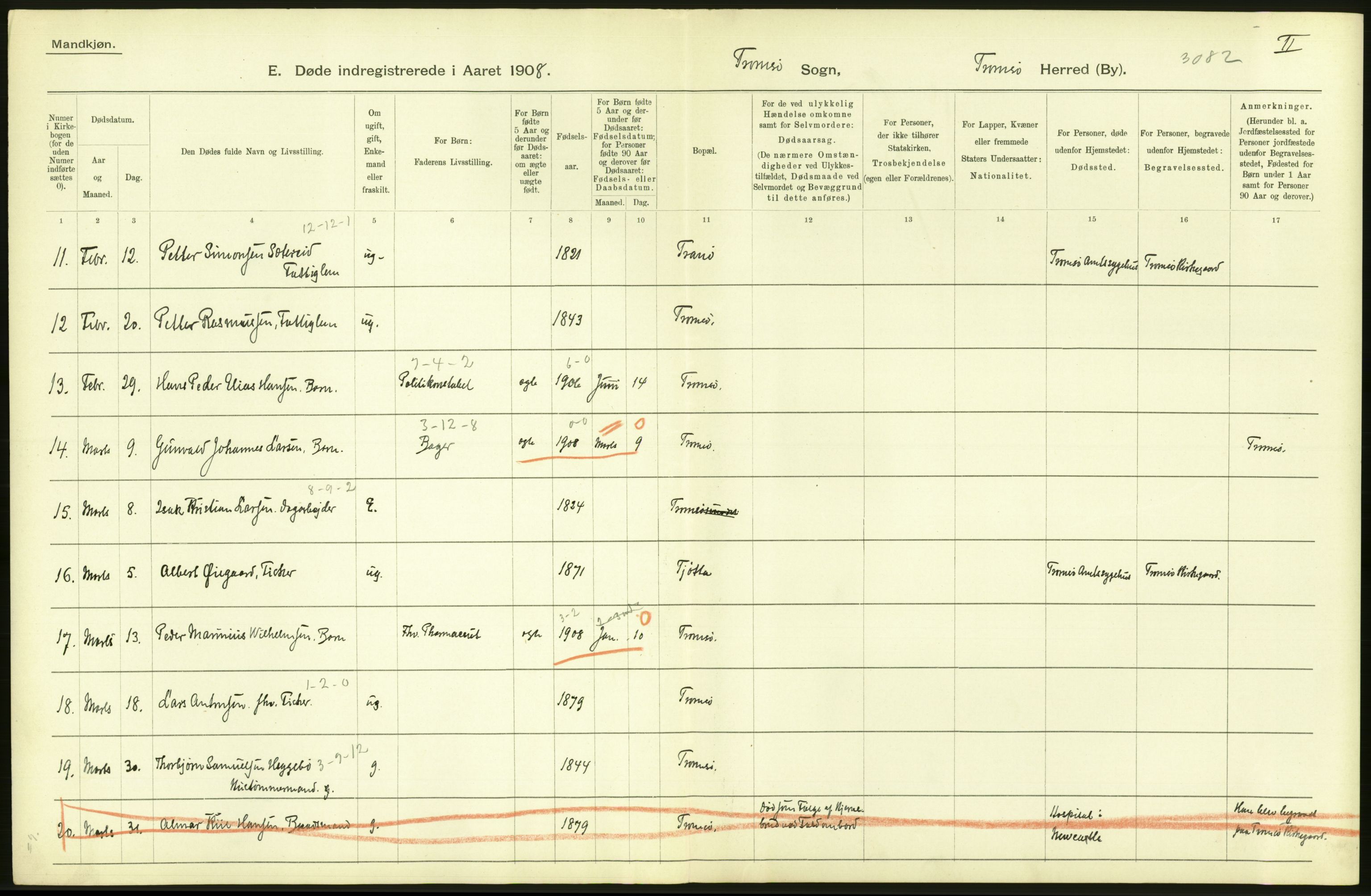 Statistisk sentralbyrå, Sosiodemografiske emner, Befolkning, AV/RA-S-2228/D/Df/Dfa/Dfaf/L0047: Tromsø amt: Gifte, døde, dødfødte. Bygder og byer., 1908, p. 72