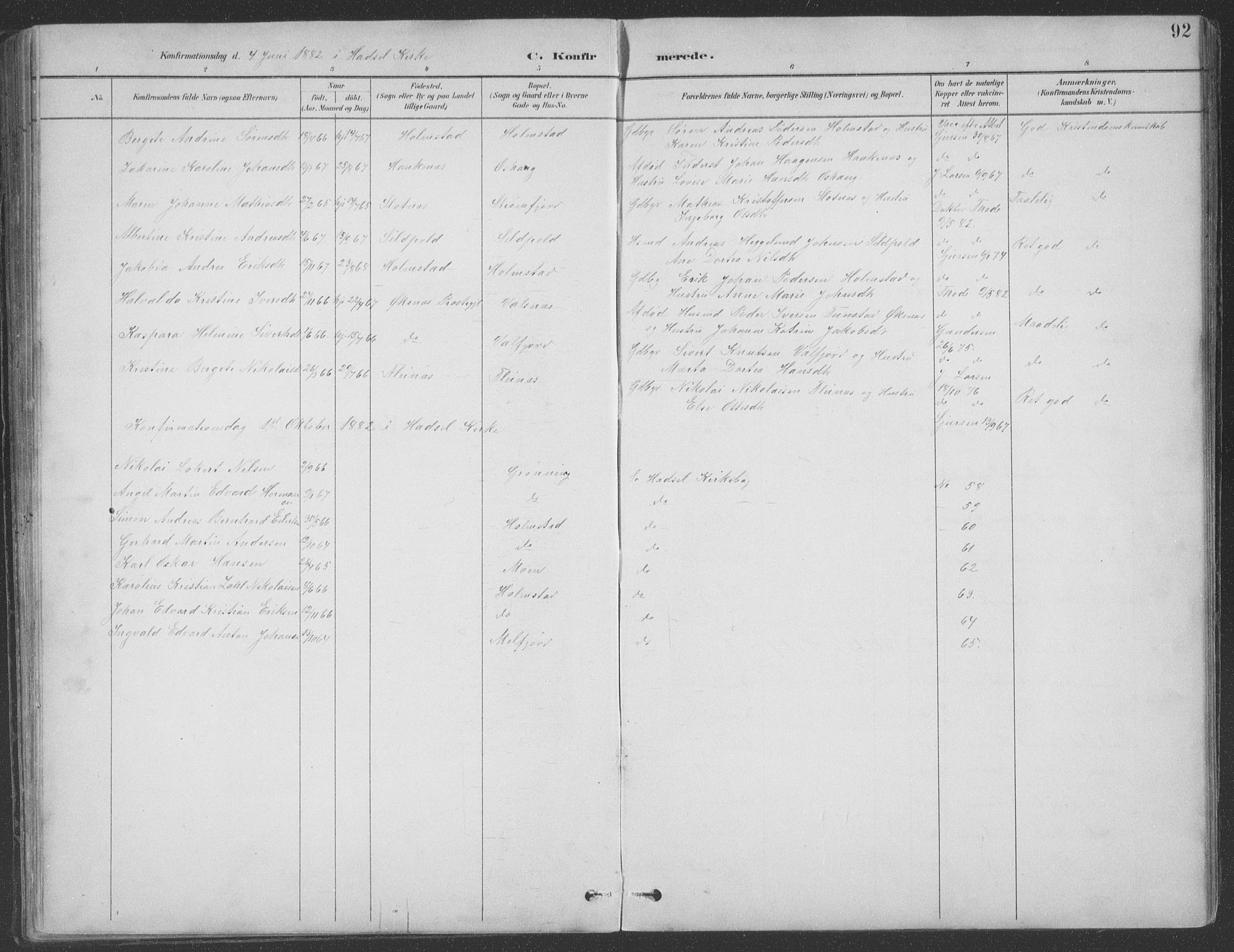 Ministerialprotokoller, klokkerbøker og fødselsregistre - Nordland, AV/SAT-A-1459/890/L1290: Parish register (copy) no. 890C01, 1882-1911, p. 92