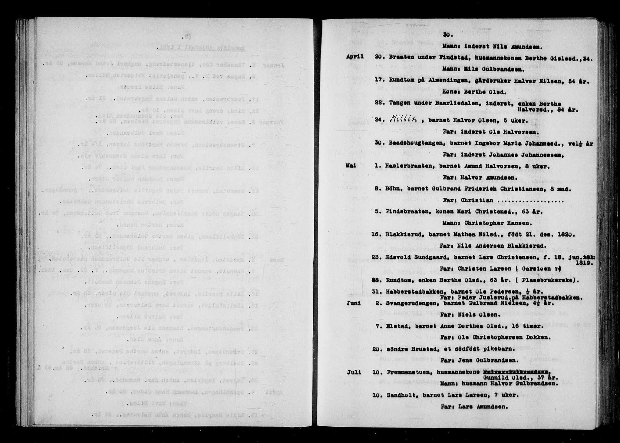 Eidsvoll tingrett, SAO/A-10371/H/Ha/Haa/L0001: Dødsmeldingsprotokoll - Eidsvoll lensmannsdistrikt, 1815-1865, p. 30