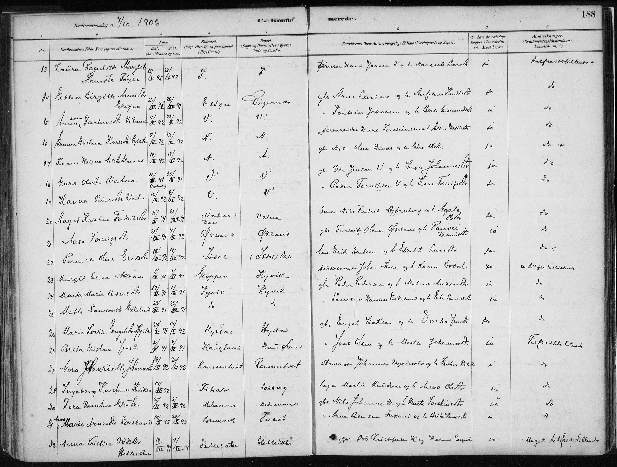 Stord sokneprestembete, AV/SAB-A-78201/H/Haa: Parish register (official) no. B 2, 1878-1913, p. 188