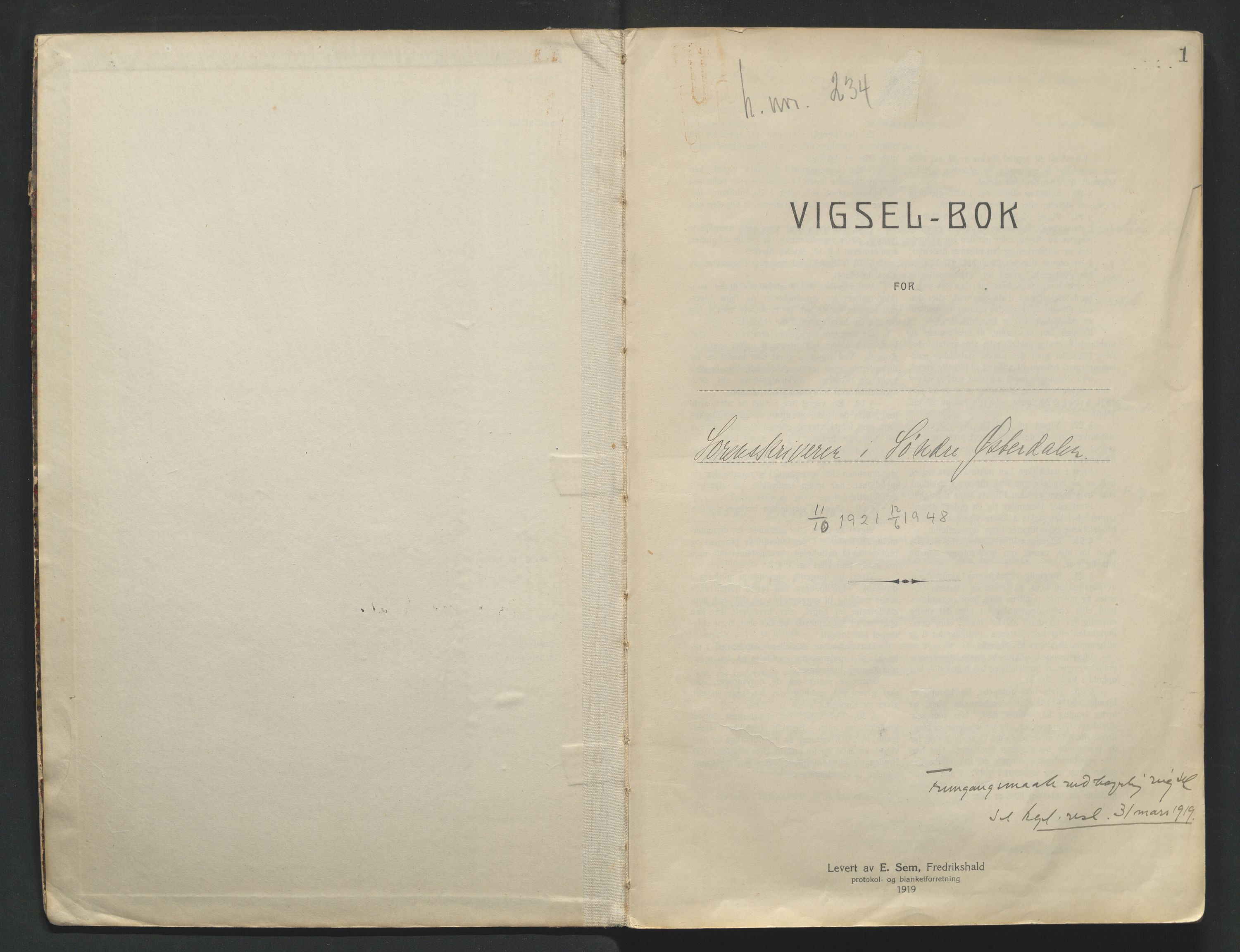 Sør-Østerdal sorenskriveri, AV/SAH-TING-018/L/Lc/L0001: Vigselbøker, 1921-1948, p. 1