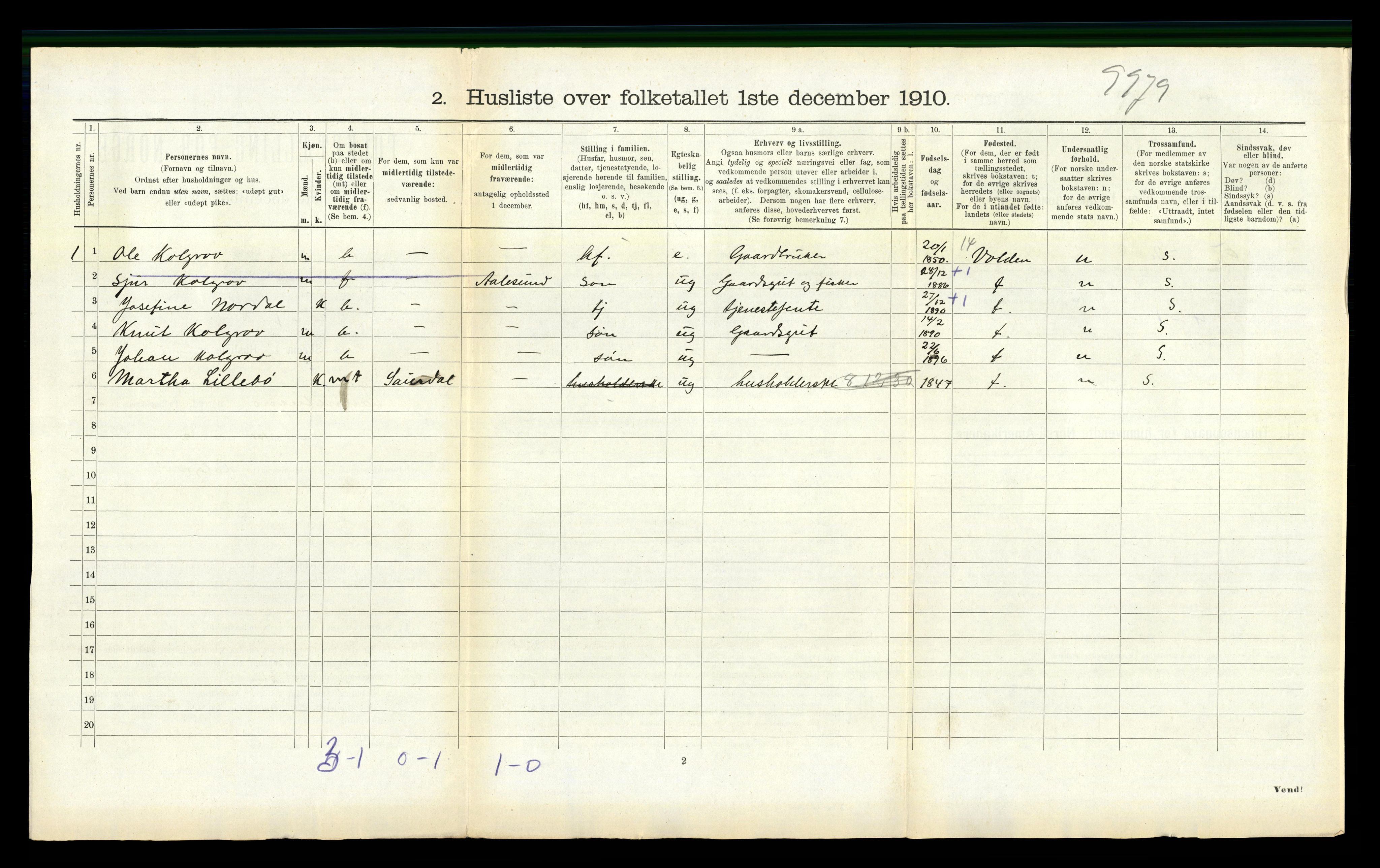 RA, 1910 census for Vanylven, 1910, p. 1160