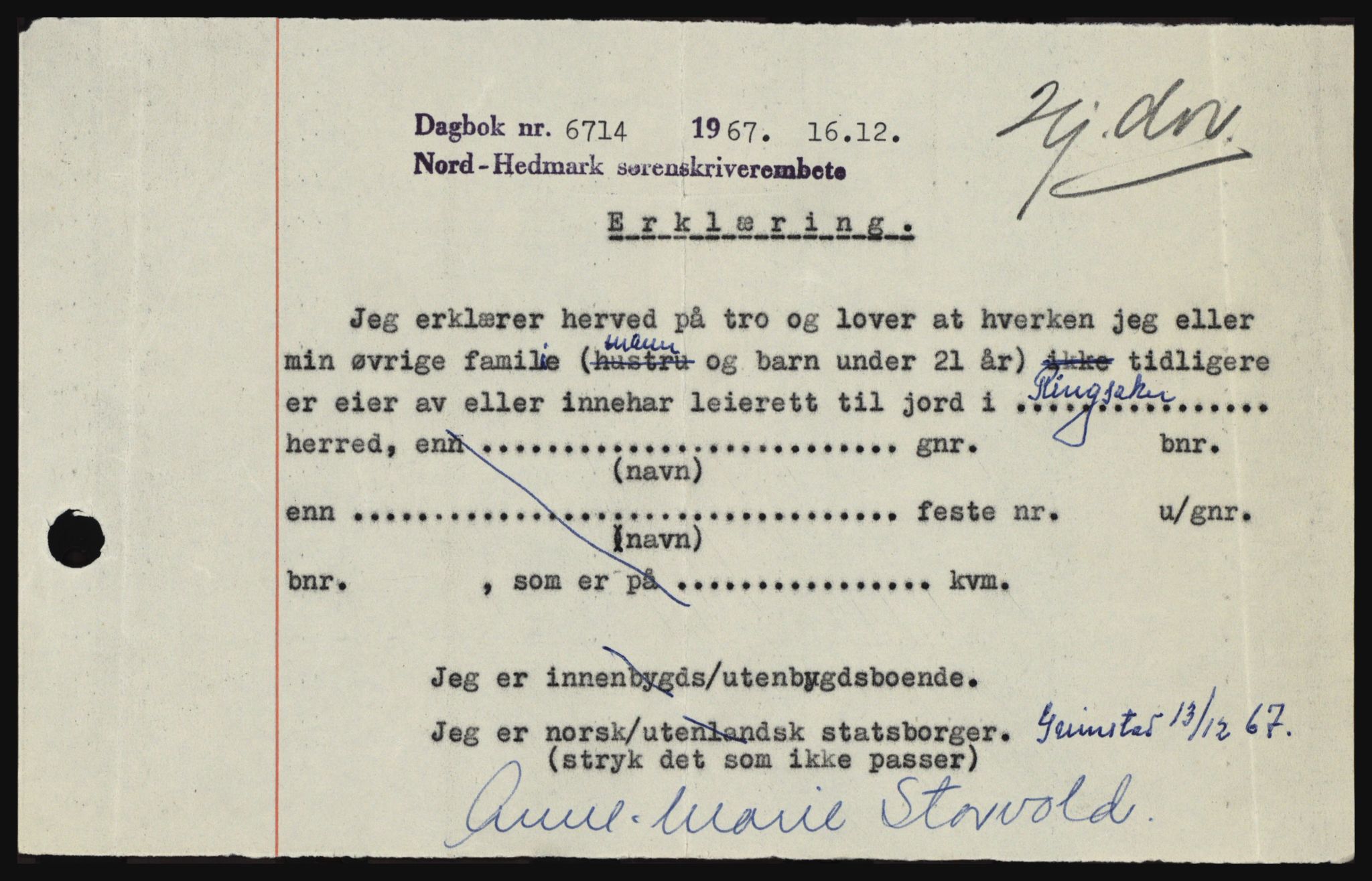 Nord-Hedmark sorenskriveri, SAH/TING-012/H/Hc/L0027: Mortgage book no. 27, 1967-1968, Diary no: : 6714/1967