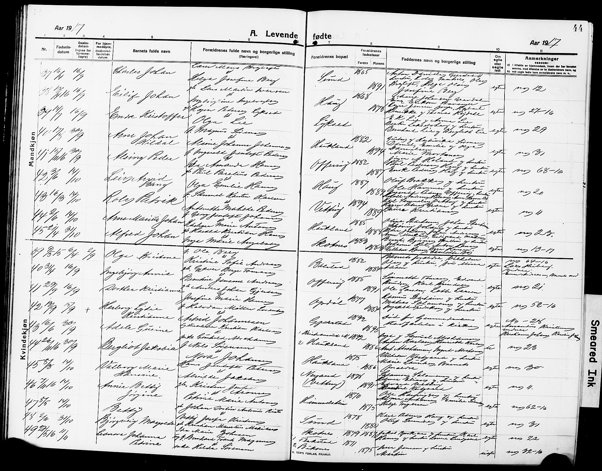 Ministerialprotokoller, klokkerbøker og fødselsregistre - Nordland, AV/SAT-A-1459/881/L1169: Parish register (copy) no. 881C06, 1912-1930, p. 44