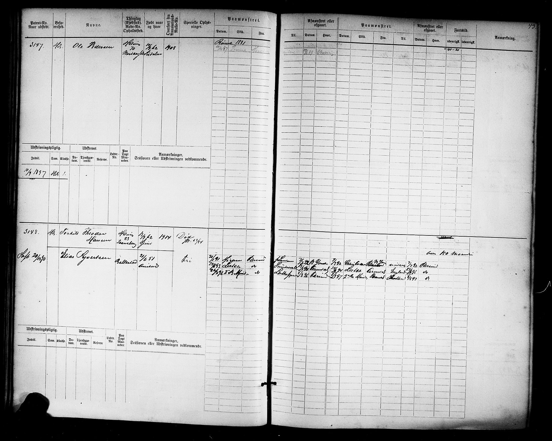 Farsund mønstringskrets, AV/SAK-2031-0017/F/Fb/L0019: Hovedrulle nr 3067-3832, Z-11, 1882-1922, p. 44