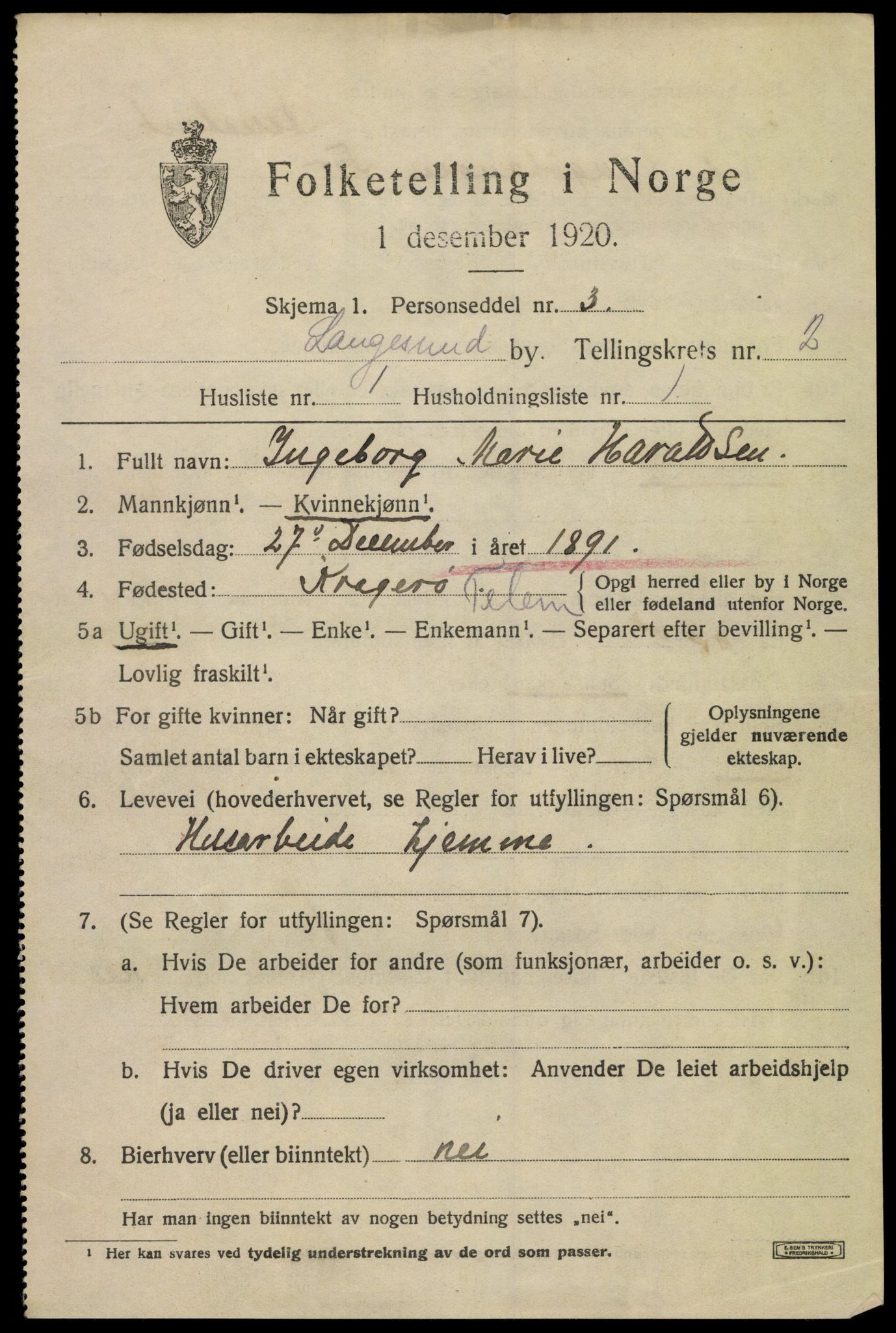 SAKO, 1920 census for Langesund, 1920, p. 3689