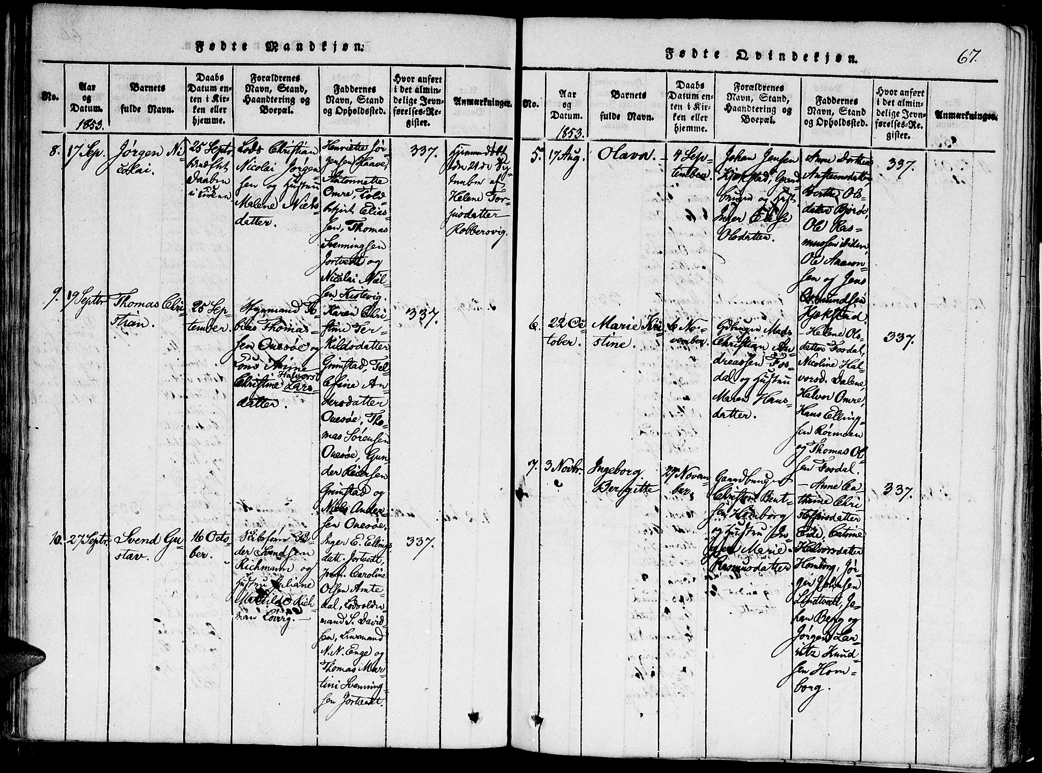 Hommedal sokneprestkontor, SAK/1111-0023/F/Fa/Faa/L0001: Parish register (official) no. A 1, 1816-1860, p. 67