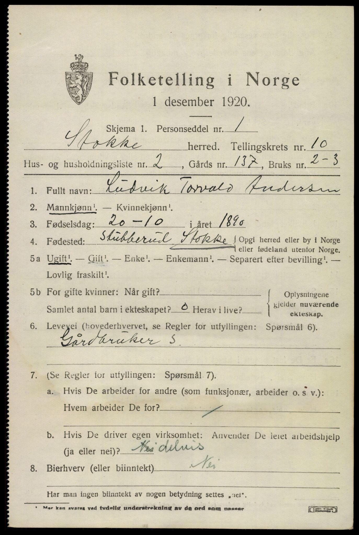 SAKO, 1920 census for Stokke, 1920, p. 11182