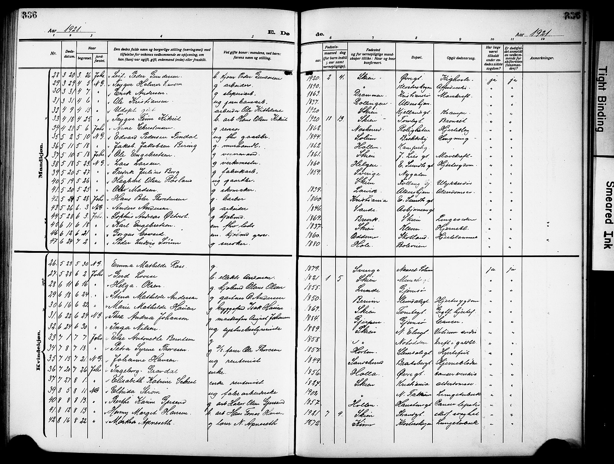 Skien kirkebøker, SAKO/A-302/G/Ga/L0010: Parish register (copy) no. 10, 1920-1931, p. 336