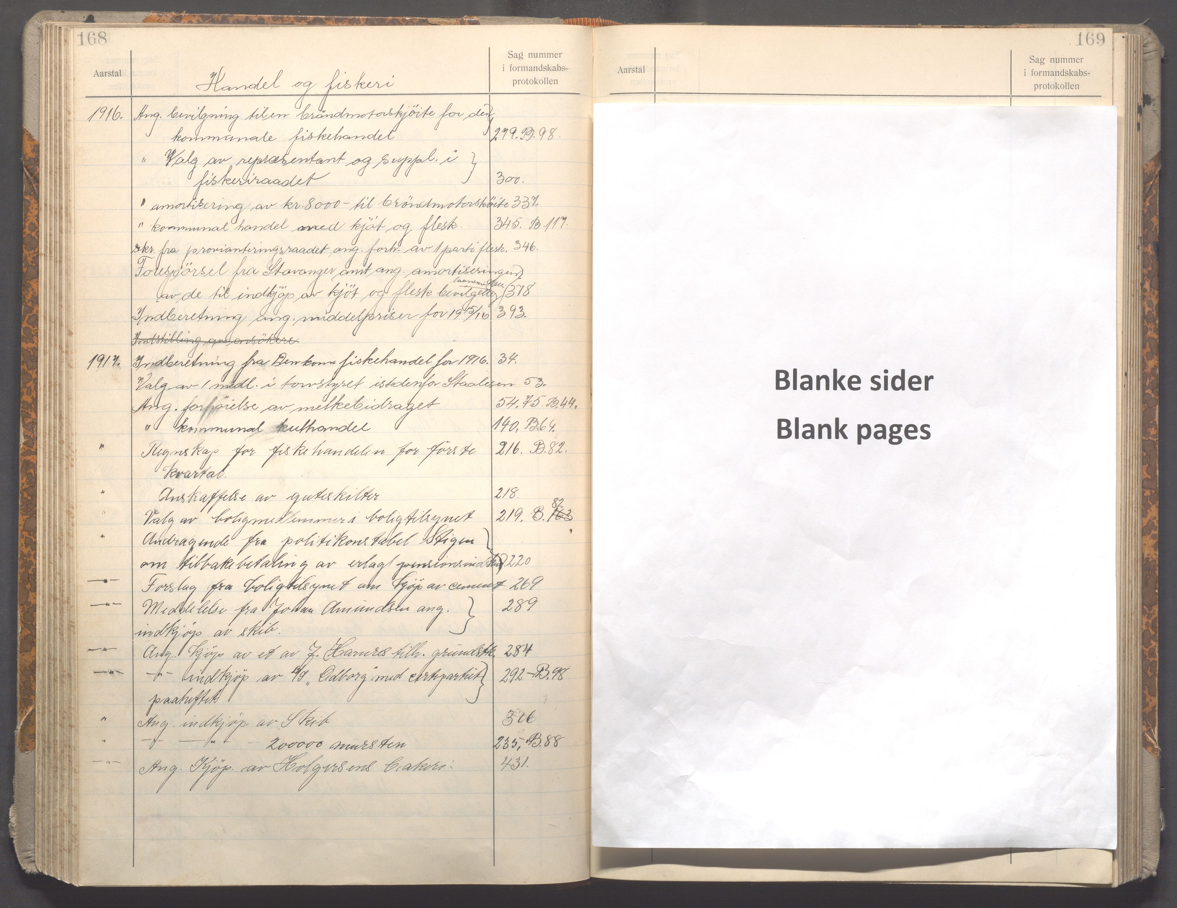 Haugesund kommune - Formannskapet og Bystyret , IKAR/A-1295/C/Ca/L0002: Register, 1908-1917, p. 168-169