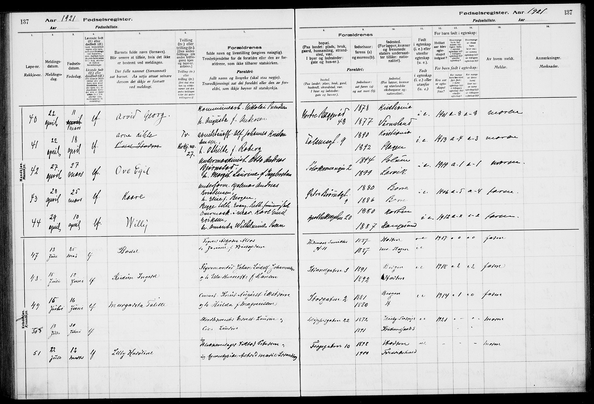 Horten kirkebøker, AV/SAKO-A-348/J/Ja/L0001: Birth register no. 1, 1916-1923, p. 137