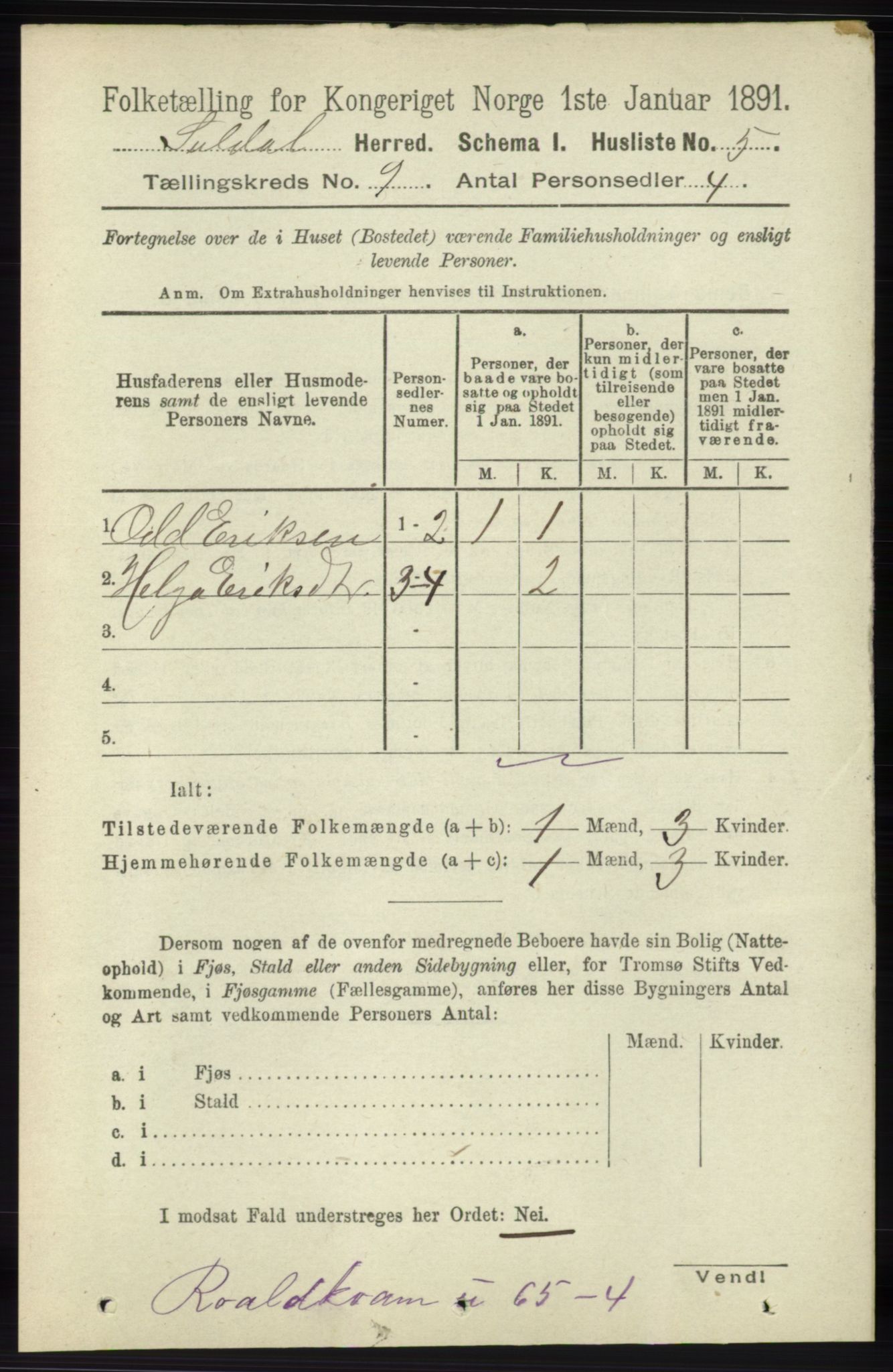 RA, 1891 census for 1134 Suldal, 1891, p. 2626