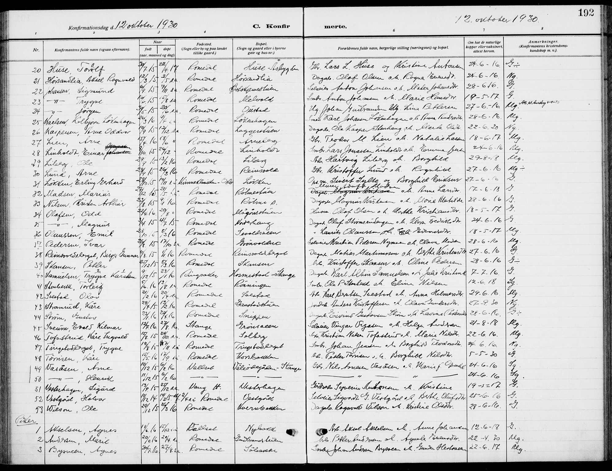 Romedal prestekontor, AV/SAH-PREST-004/K/L0012: Parish register (official) no. 12, 1913-1935, p. 192