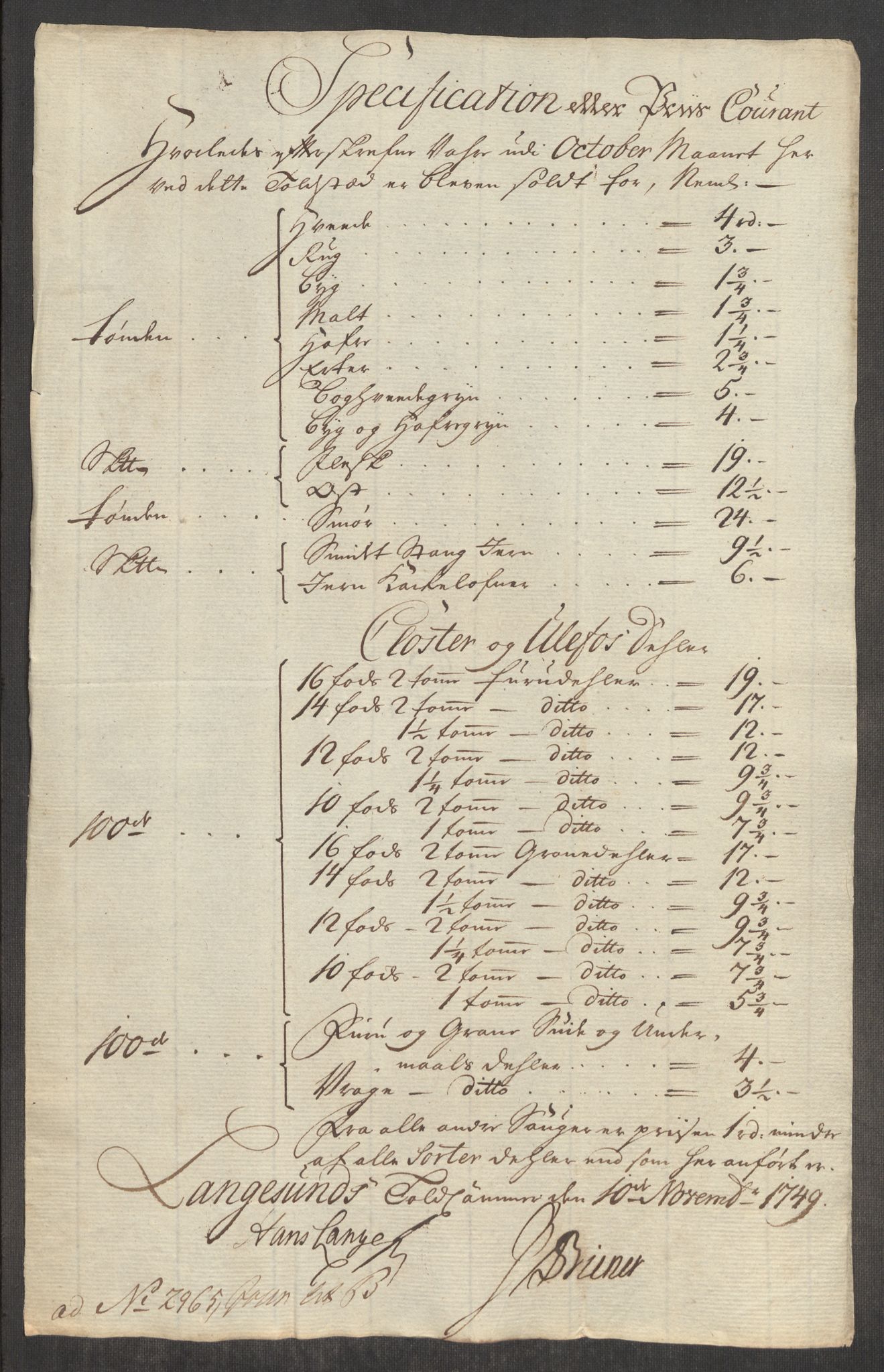 Rentekammeret inntil 1814, Realistisk ordnet avdeling, RA/EA-4070/Oe/L0004: [Ø1]: Priskuranter, 1749-1752, p. 114