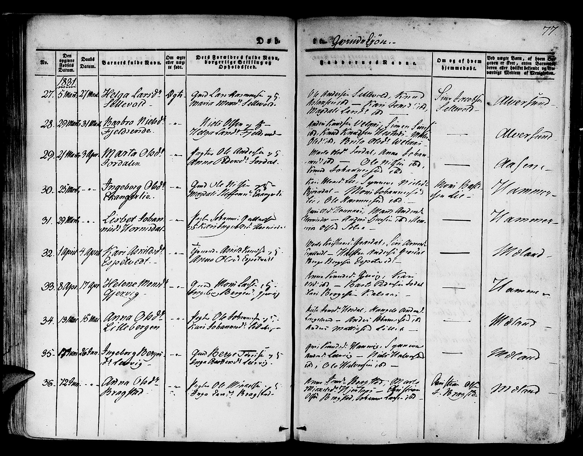 Hamre sokneprestembete, AV/SAB-A-75501/H/Ha/Haa/Haaa/L0011: Parish register (official) no. A 11, 1826-1834, p. 77